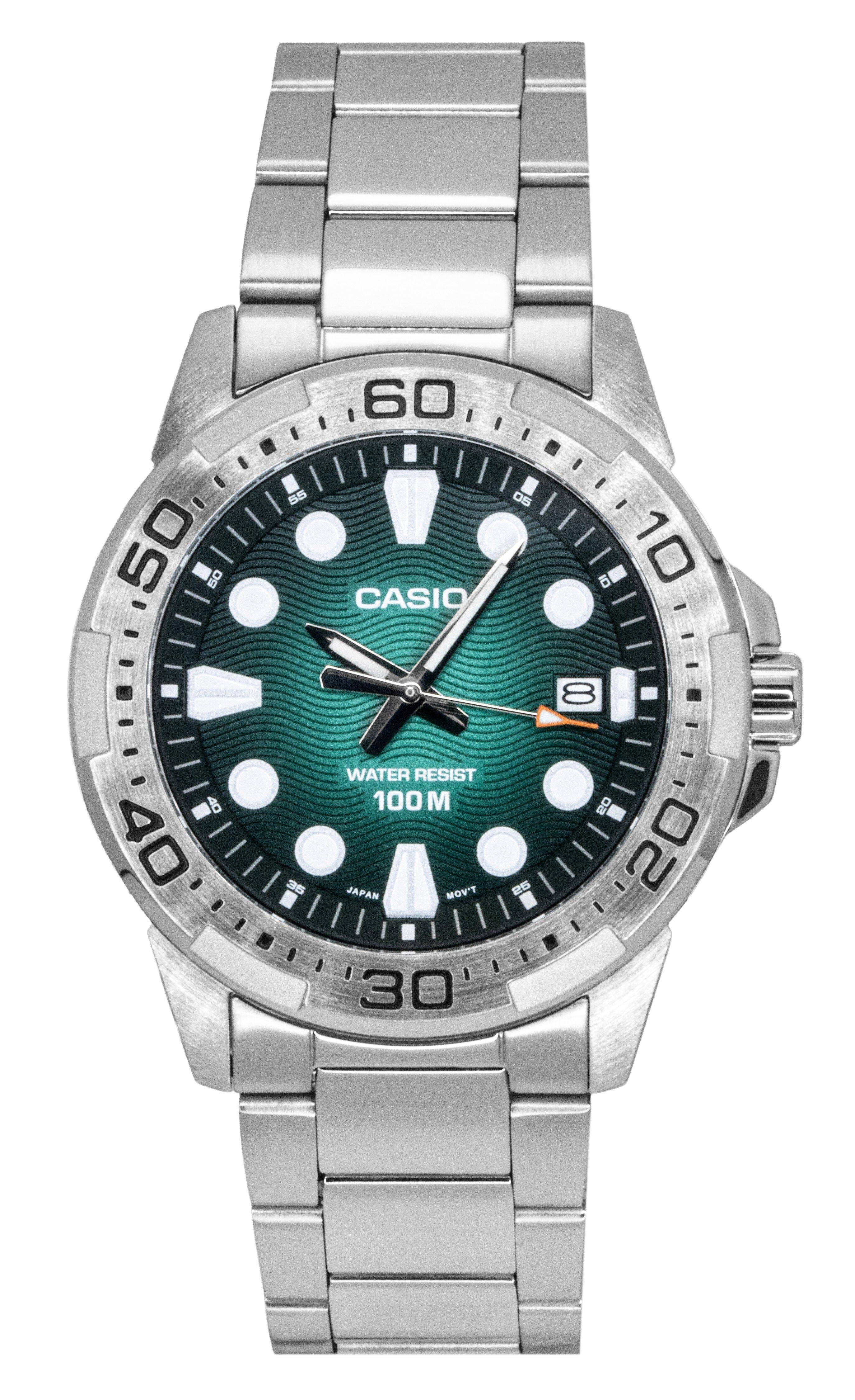 Casio - Standard Analog Stainless Steel Green Dial Quartz MTD-140D-3AV 100M Men's Watch - Silver and green