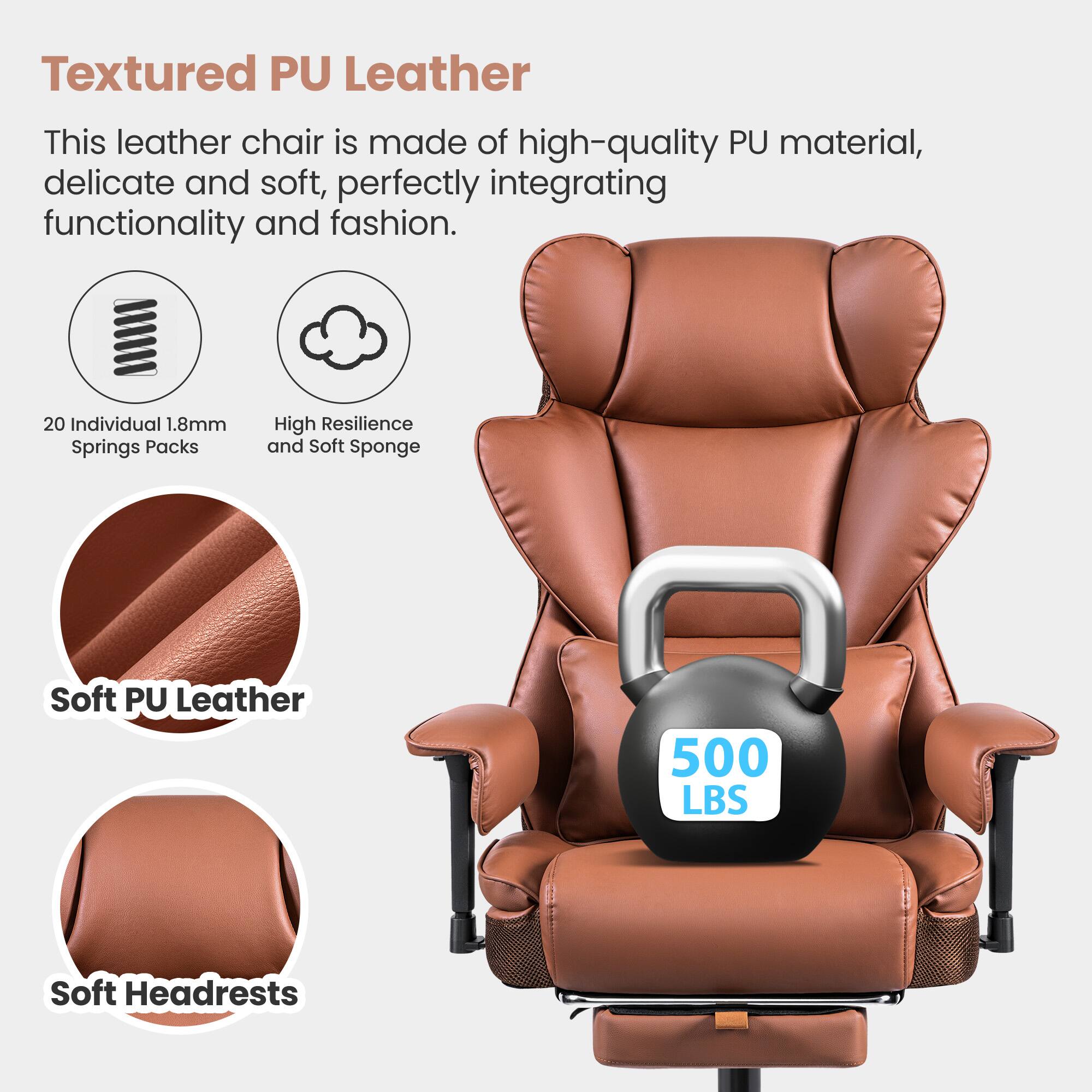 Textured PU Leather: This leather chair is made of high-quality PU material, delicate and soft, perfectly integrating functionality and fashion. 20 Individual 1.8mm Springs Packs: High Resilience and Soft Sponge Soft PU Leather 500 LBS Soft Headrests.