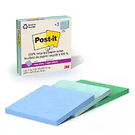 Post-it - Oasis Recycled Super Sticky Notes, 4" x 4", Oasis Collection, Lined, 70 Sheets/Pad, 3 Pads/Pack - Assorted