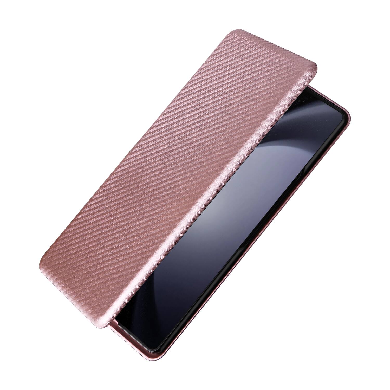 Back. Dteck - Carbon Fiber Texture Folio Phone Case for Samsung Galaxy Z Fold6,PU Leather Magnetic Closure Hidden Card Slot Flip Cover - Pink.