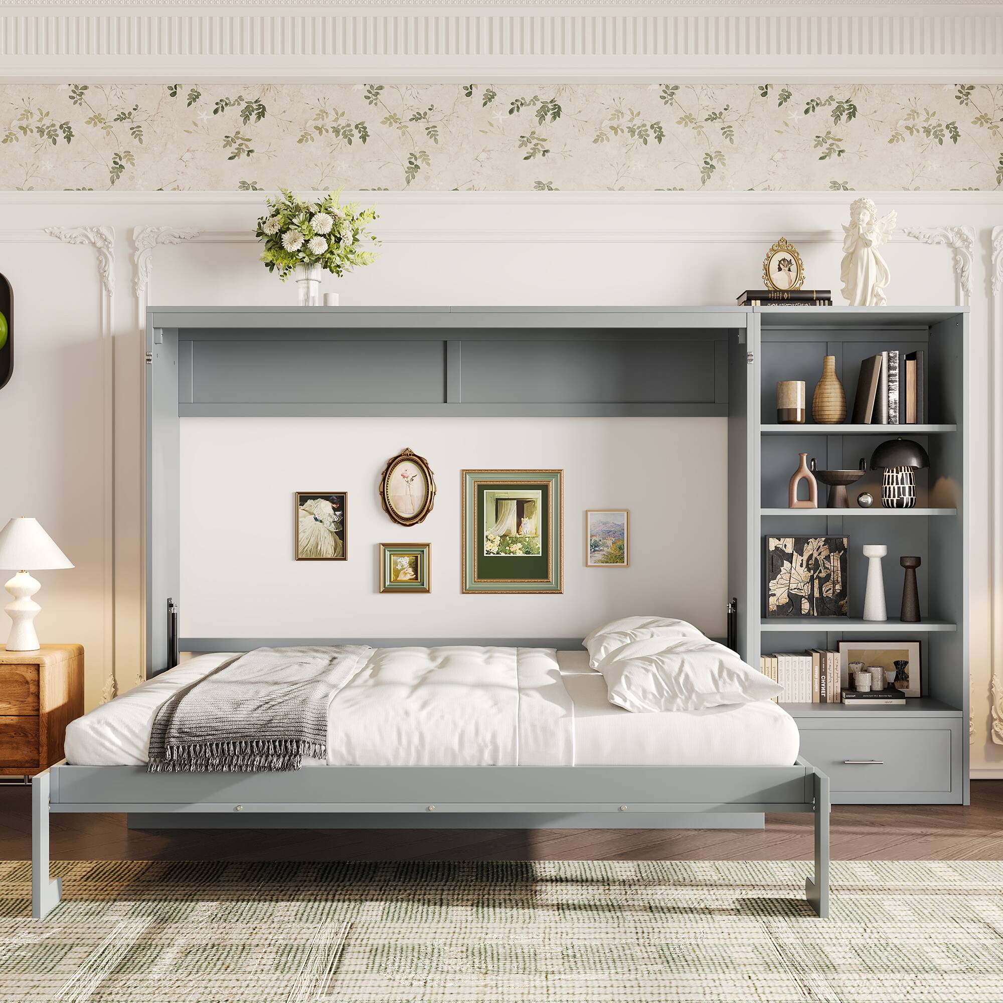 Left. Anysun - Queen Size Multifunctional Foldable Murphy Bed with Height Adjustable Storage Compartments and Shelf, Drawer - Grey.