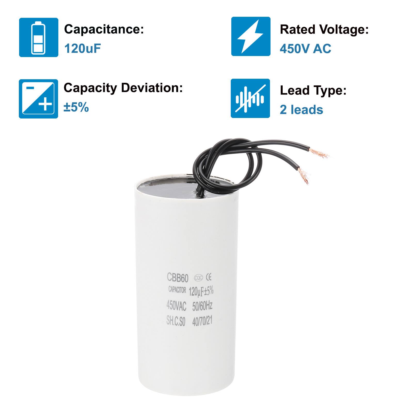 Capacitance: 120uF  
Rated Voltage: 450V AC  
Capacity Deviation: ±5%  
Lead Type: 2 leads  

CBB60  
CAPACITOR 120uF ±5%  
450VAC 50/60Hz  
SH.C.SO 40/70/21