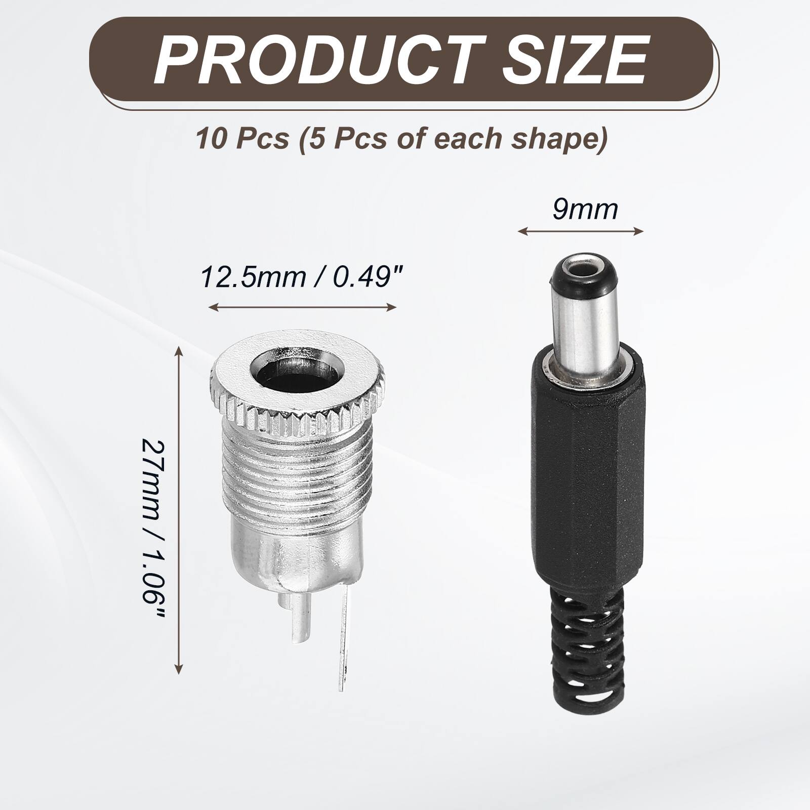 PRODUCT SIZE  
10 Pcs (5 Pcs of each shape)  
9mm  
12.5mm / 0.49"  
27mm / 1.06"