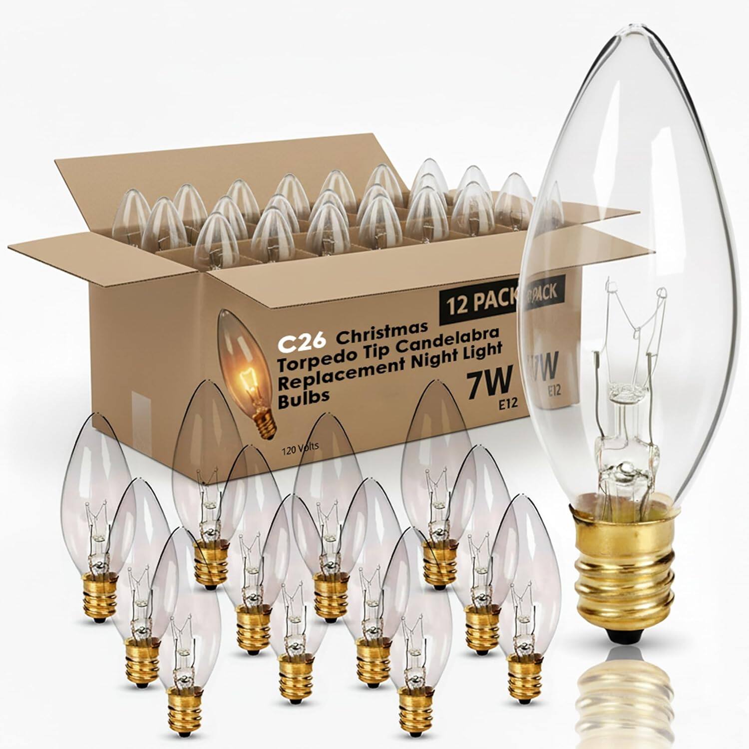 RTMB - C26 Crystal Clear Candelabra Bulbs, 7W E12 – 12 Pack