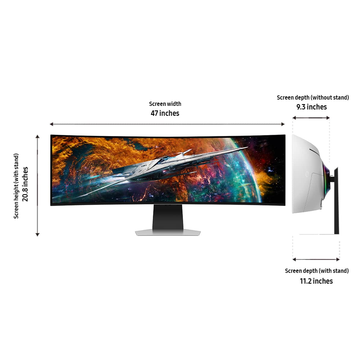 Screen width: 47 inches
Screen depth (without stand): 9.3 inches
Screen depth (with stand): 11.2 inches
Height (with stand): 20.8 inches