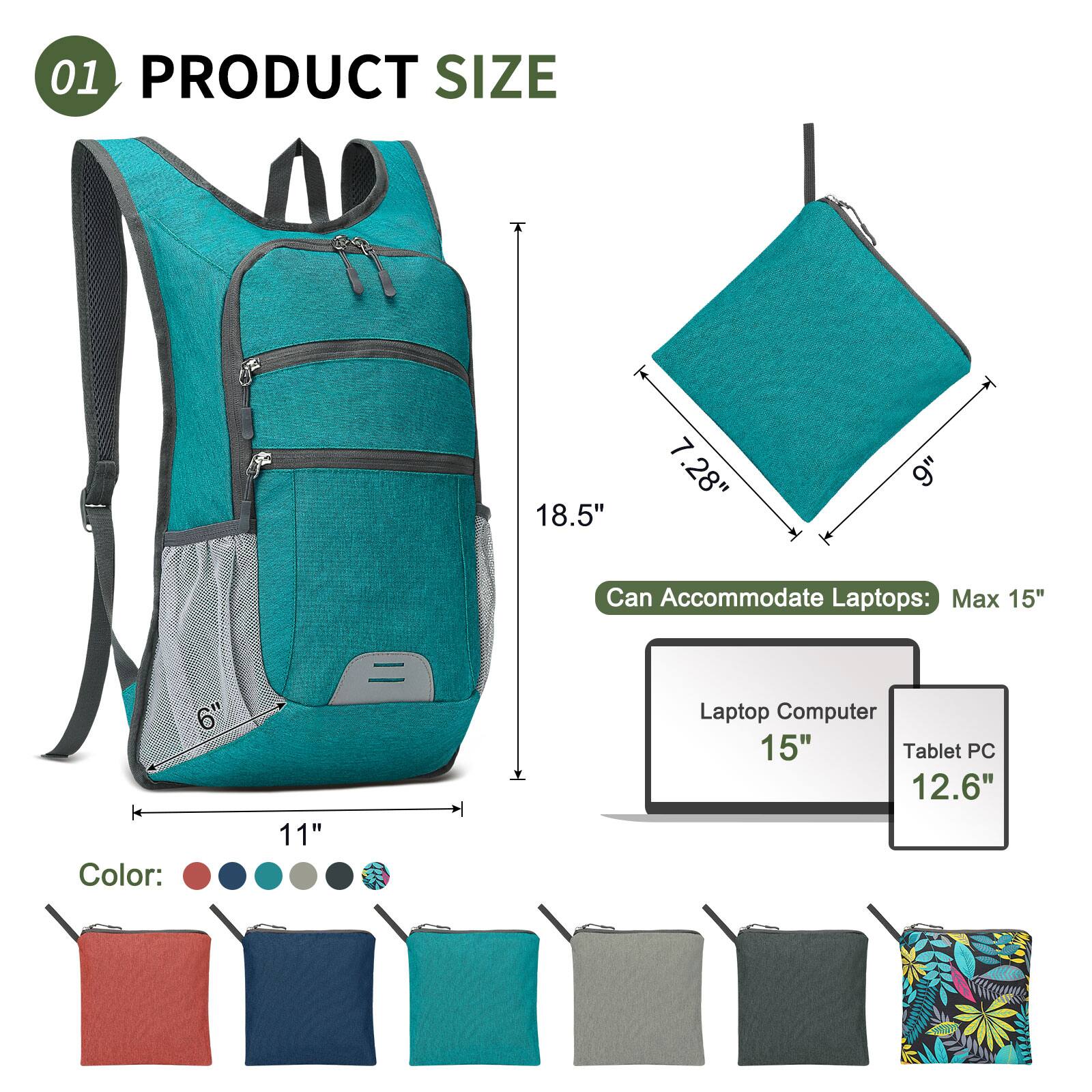 01 PRODUCT SIZE

- Height: 18.5"
- Width: 11"
- Depth: 7.28"
- Can Accommodate Laptops: Max 15"
- Tablet PC: 12.6"

Color: [Red, Navy Blue, Teal, Grey, Black, Floral Pattern]