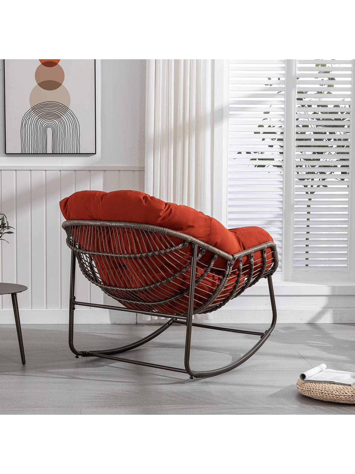 Alt View 1. Trinkets Crazed - Outdoor Patio Rocking Chair, Comfy Wicker Rocker Chair With Padded Cushion, Oversized Rattan Papasan Egg Chair - Orange.