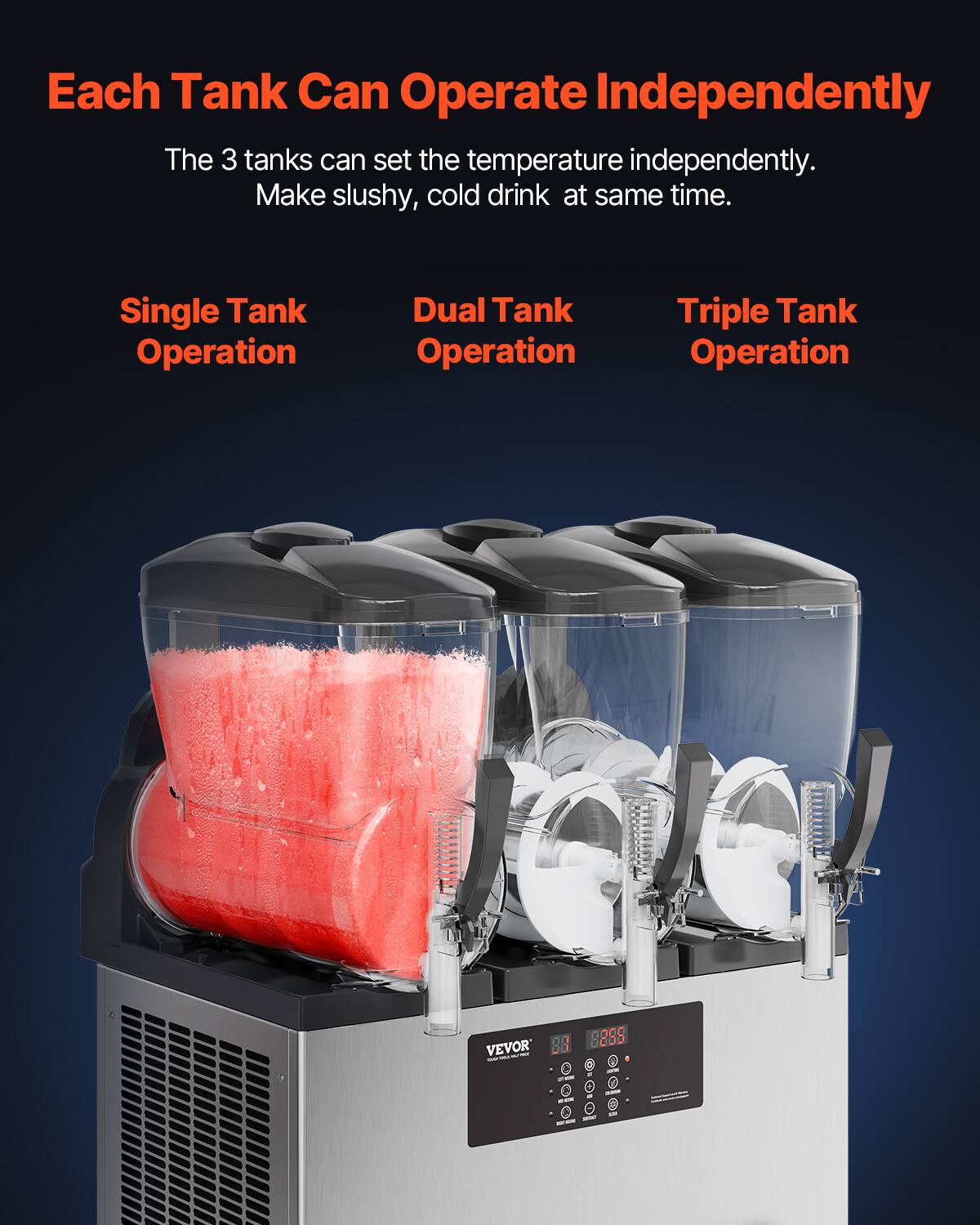 Each Tank Can Operate Independently

The 3 tanks can set the temperature independently. Make slushy, cold drink at same time.

Single Tank Operation
Dual Tank Operation
Triple Tank Operation

VEVOR