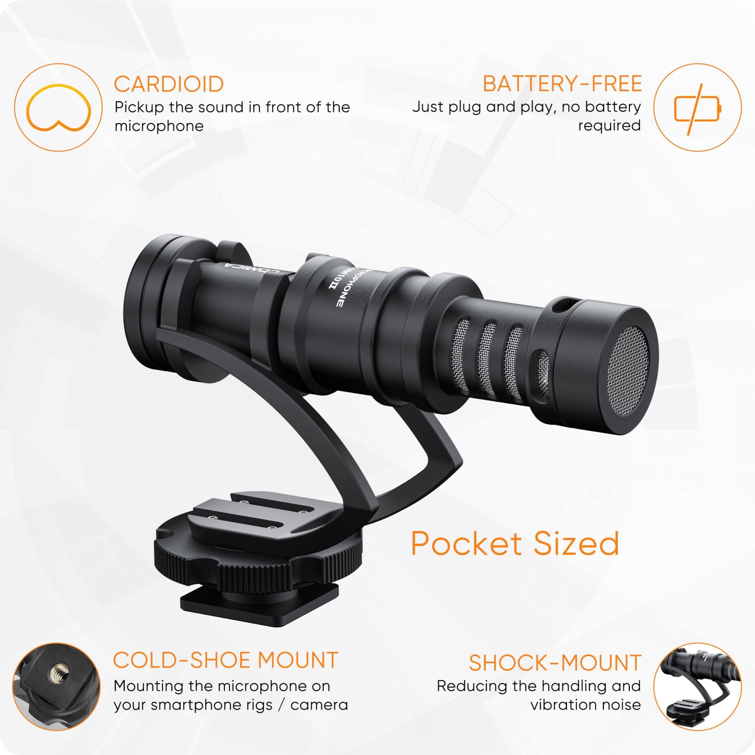 CARDIOID  
Pickup the sound in front of the microphone  

BATTERY-FREE  
Just plug and play, no battery required  

Pocket Sized  

COLD-SHOE MOUNT  
Mounting the microphone on your smartphone rigs / camera  

SHOCK-MOUNT  
Reducing the handling and vibration noise