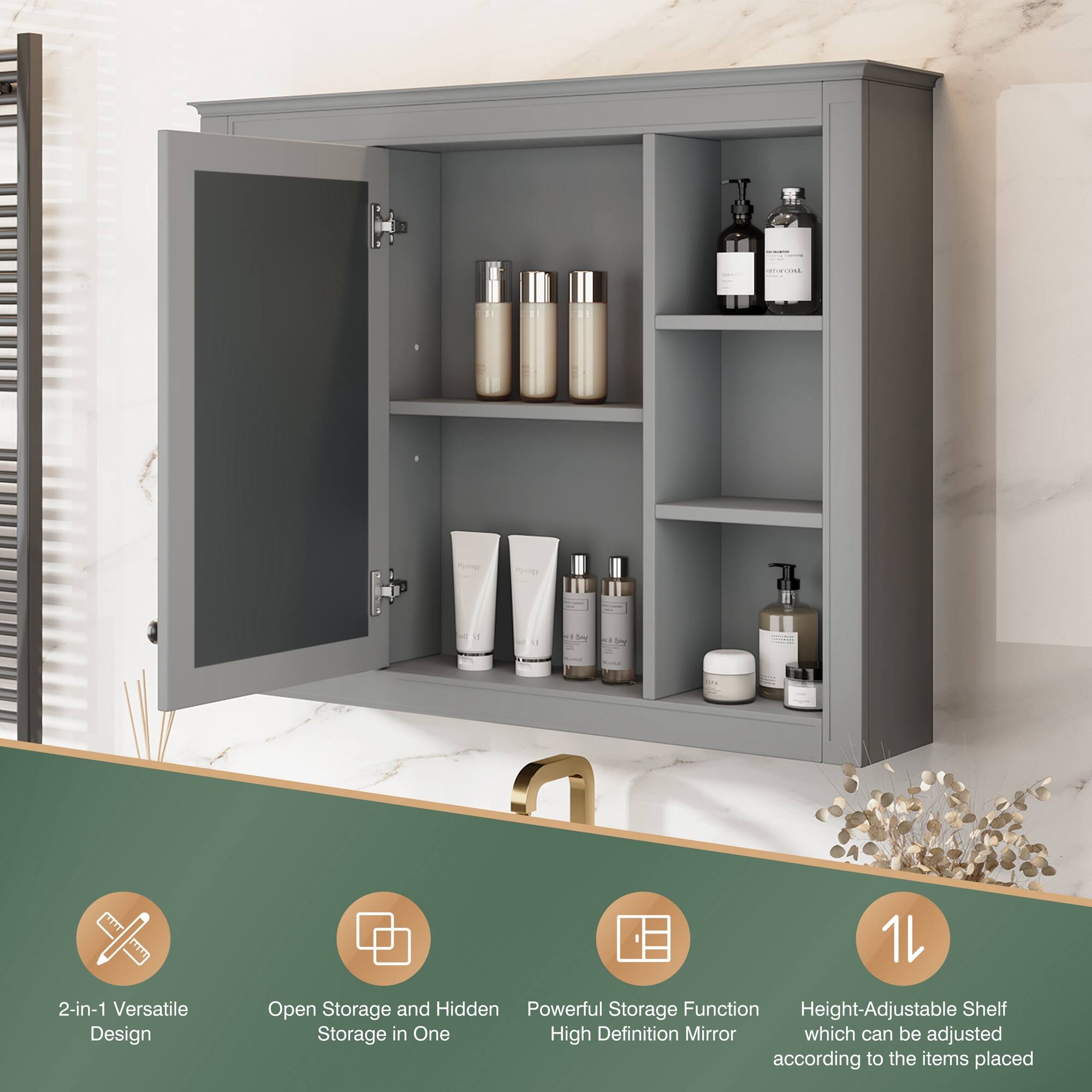 - 2-in-1 Versatile Design
- Open Storage and Hidden Storage in One
- Powerful Storage Function High Definition Mirror
- Height-Adjustable Shelf which can be adjusted according to the items placed