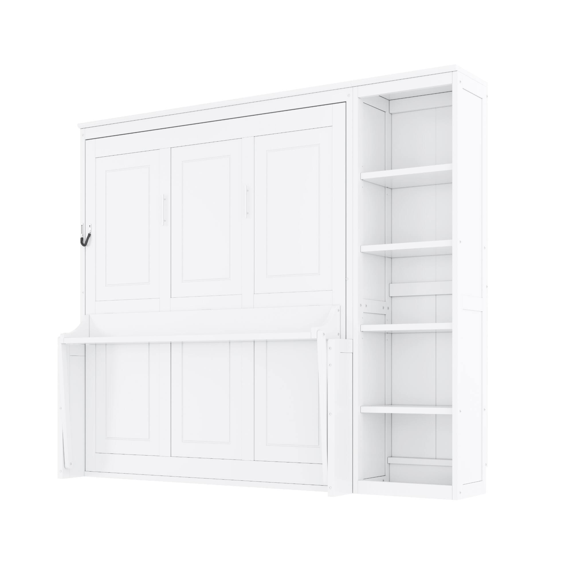 Left. Whisen - Murphy Bed with Built-in Desk and Side Bookshelves, Foldable Space-Saving Bed Cabinet - White.