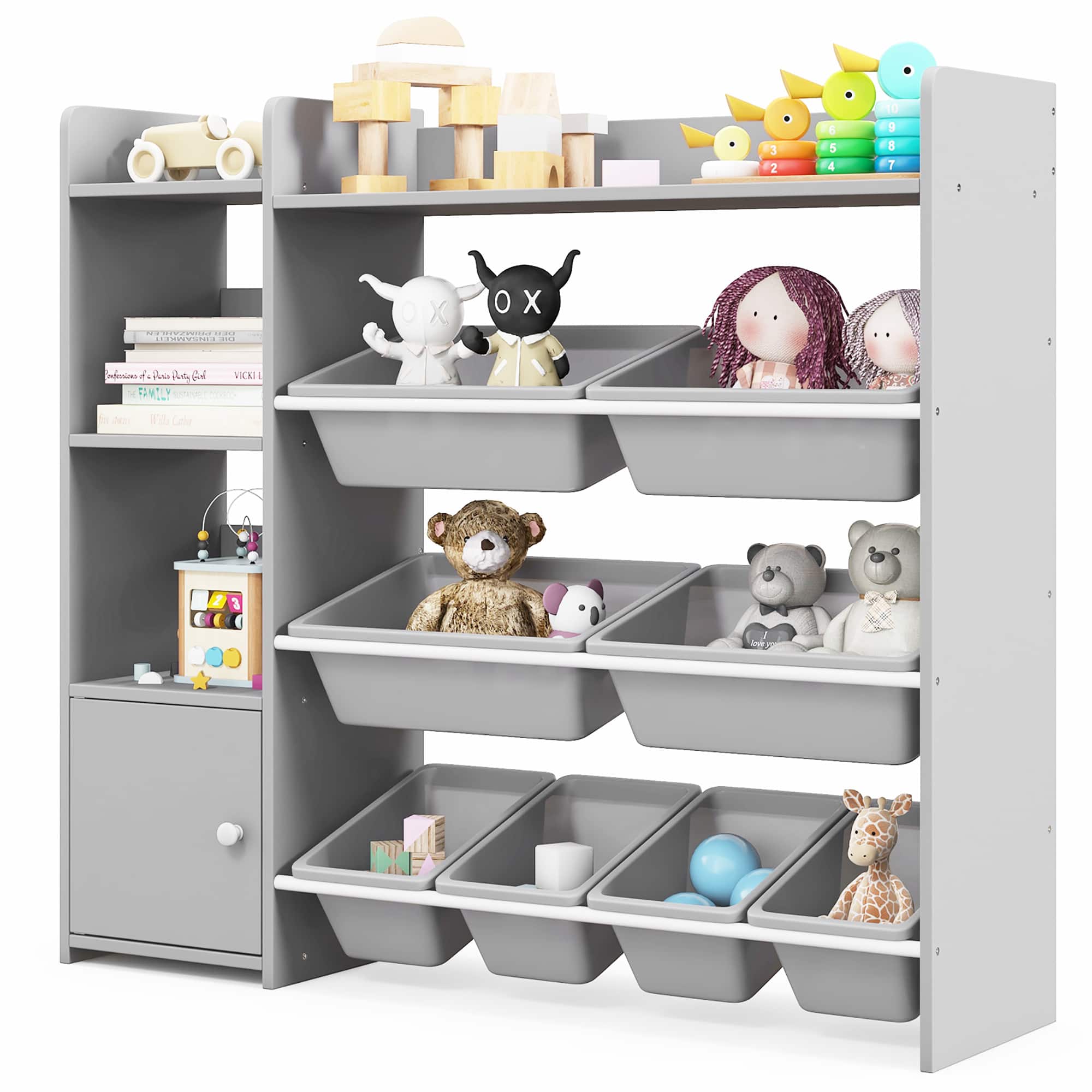 Gymax - 4-Tier Kids Toy Storage Organizer Bookshelf w/ 8 Toy Organizer Bins Door - Gray