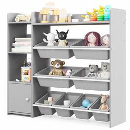 Gymax - 4-Tier Kids Toy Storage Organizer Bookshelf w/ 8 Toy Organizer Bins Door - Gray