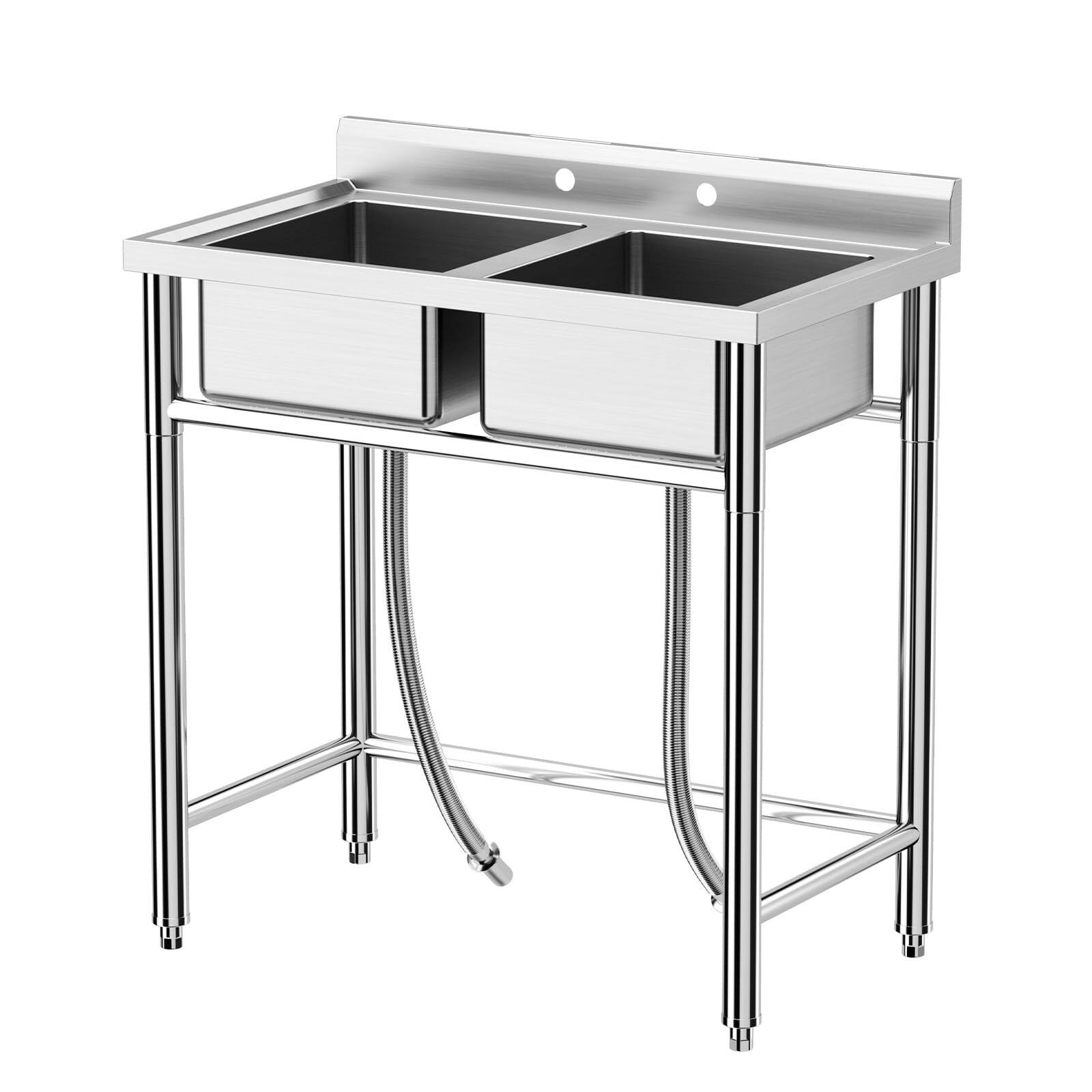 Front. GARVEE - Stainless Steel Kitchen Sink, Drop-in Utility Sink Free Standing Double Bowl with Cold and Hot Water Pipe - Silver.