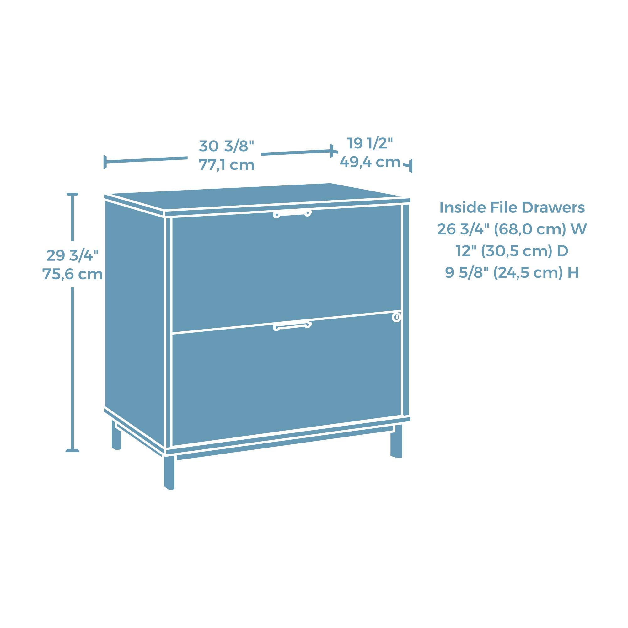 30 3/8" (77.1 cm)  
19 1/2" (49.4 cm)  
29 3/4" (75.6 cm)  

Inside File Drawers  
26 3/4" (68.0 cm) W  
12" (30.5 cm) D  
9 5/8" (24.5 cm) H