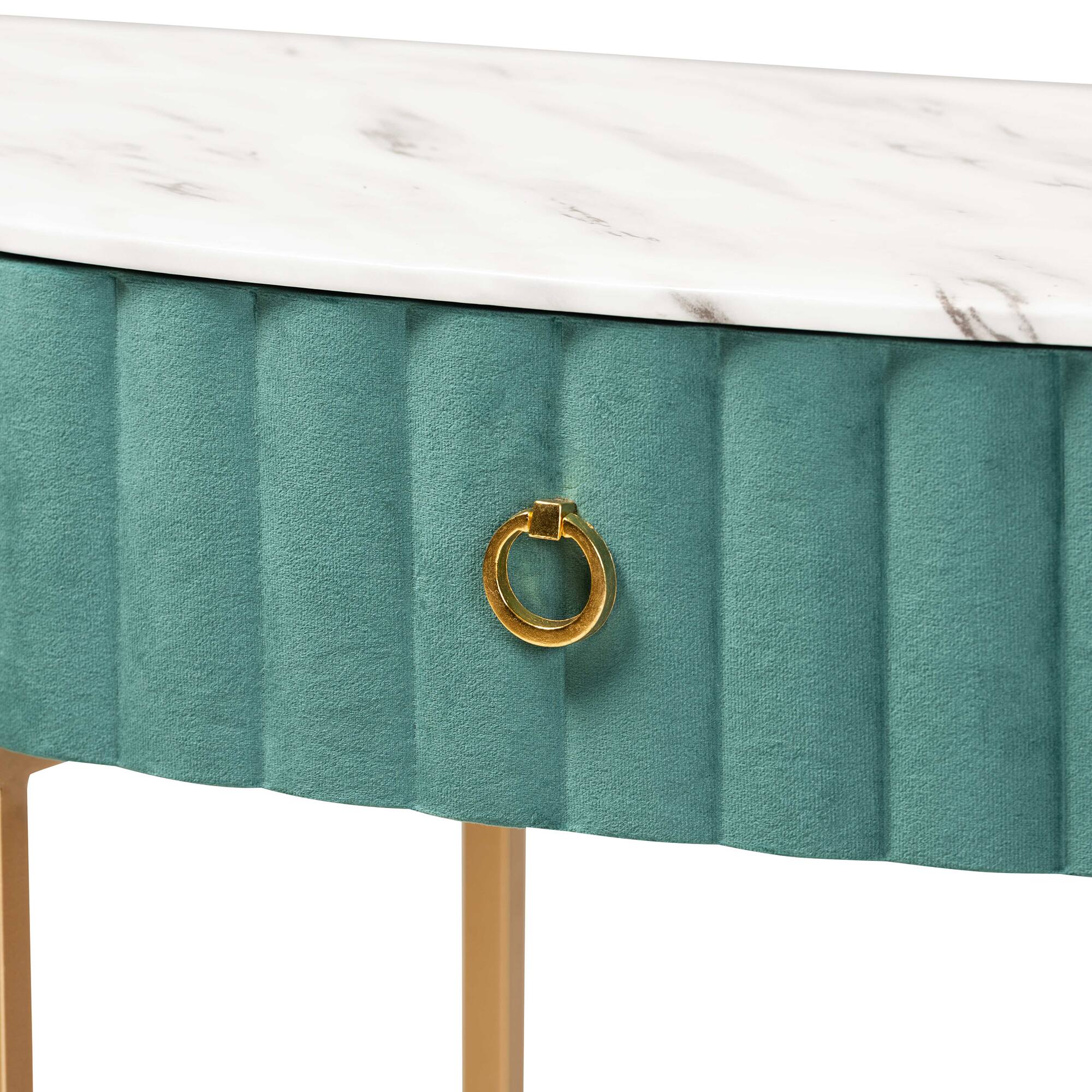 Alt View 2. Baxton Studio - Beale Luxe and Glam Velvet Upholsteand Brushed Finished 1-Drawer Console Table with Faux Marble Tabletop - Green/Gold.