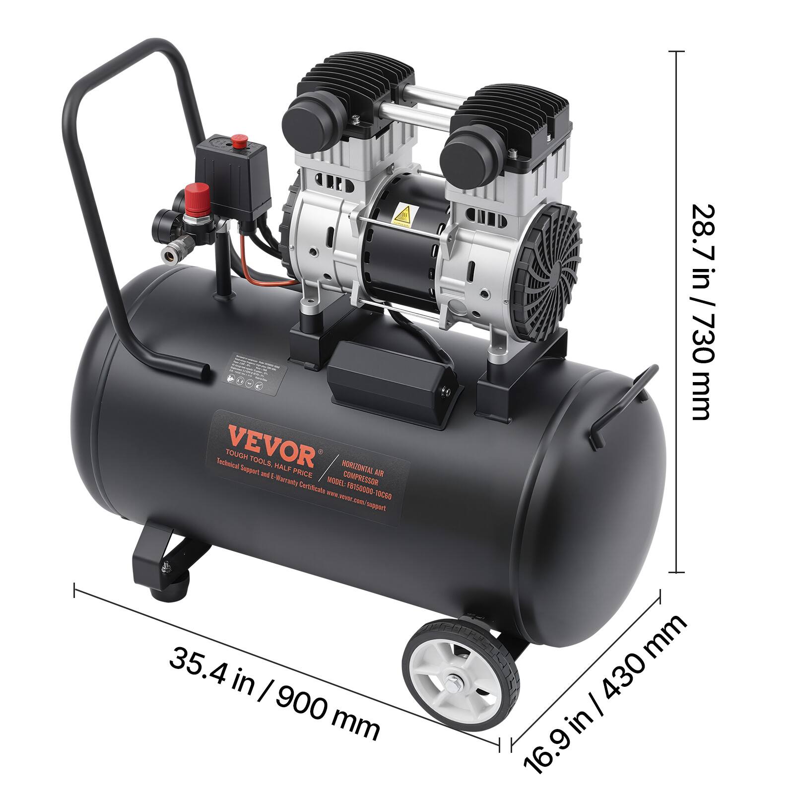 Technical VEVOR TOUGH Support TOOLS and E HALF PRICE HORIZONTAL COMPRESSOR AIR Warranty Certificate MODEL: FB150000 cum 10C60 support 35.4 in | 900 mm  
28.7 in / 28.7 in / 730 mm  
16.9 in / 430 mm
