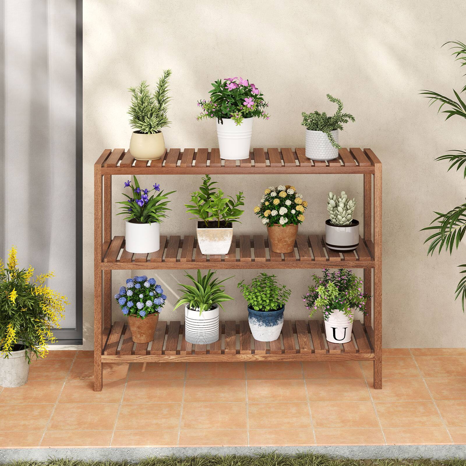 Alt View 1. Gymax - Gymax 3-Tier Side Table Teak Wood Stand Utility Storage Shelf Organizer Entryway Bench - Natural.