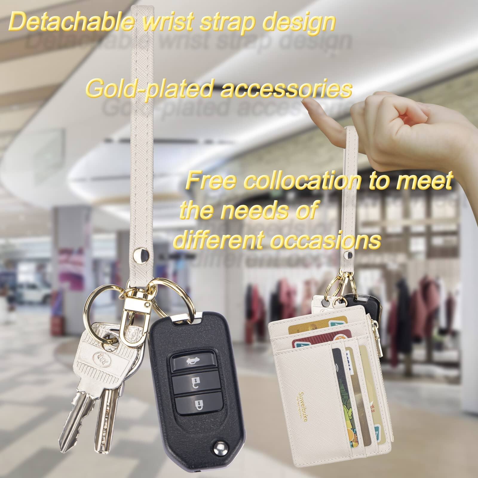 Alt View 3. Jadie Link - Women Slim Rfid Blocking Credit Card Case Holder Wristlet Zip Wallet Small Compact Leather Purse Keychain beige Dual-use - Light Gray.