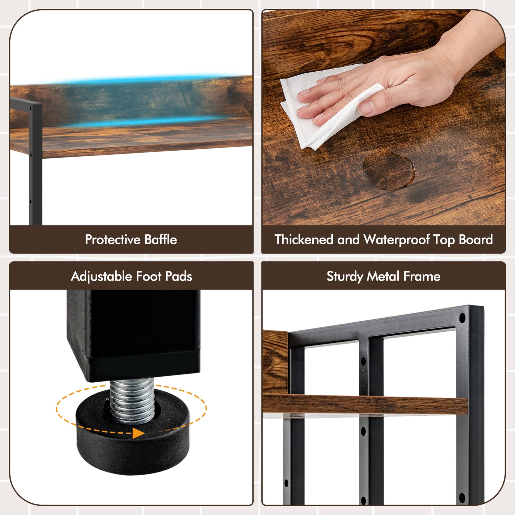 - Protective Baffle
- Thickened and Waterproof Top Board
- Adjustable Foot Pads
- Sturdy Metal Frame