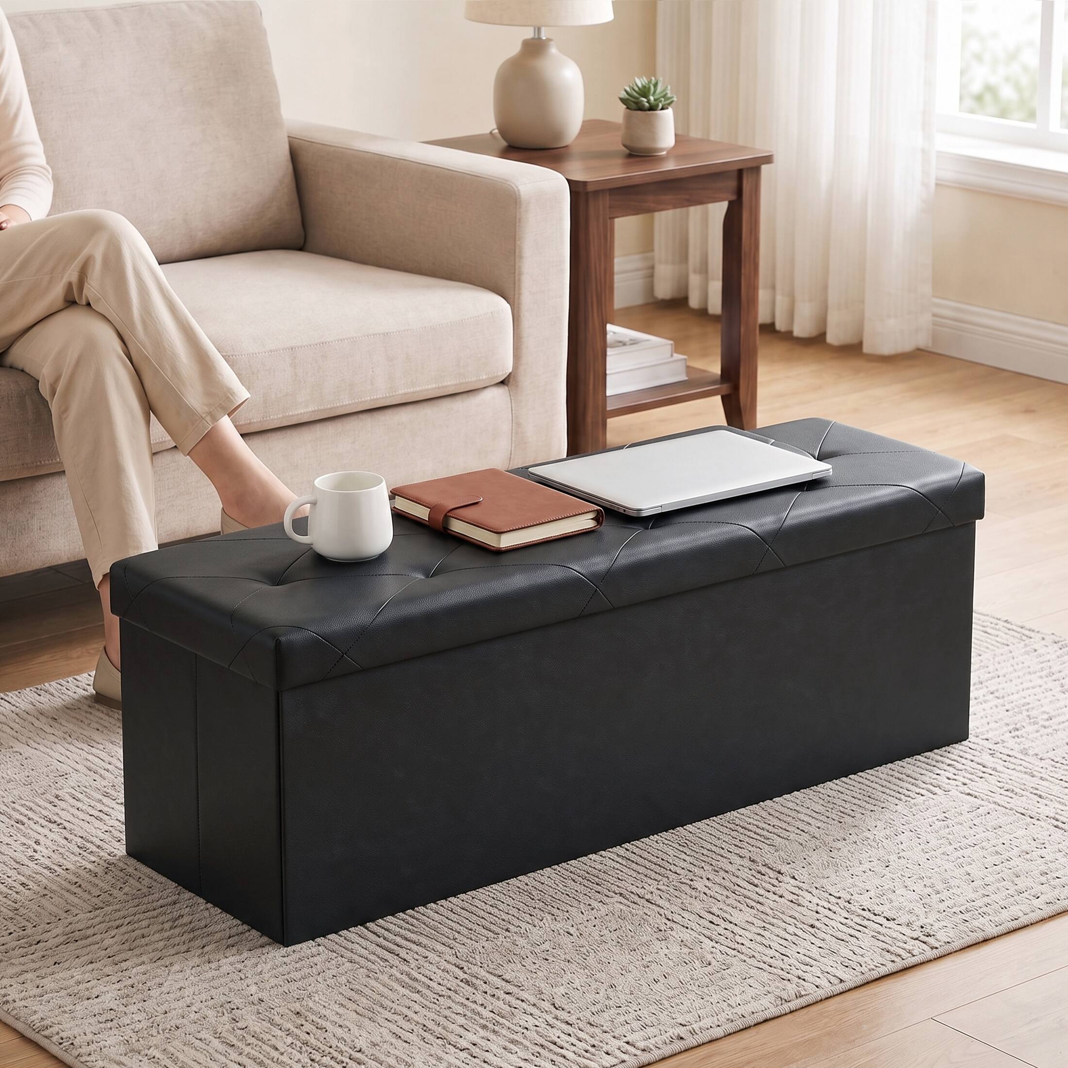 Alt View 1. Sweetcrispy - 43-in Foldable Storage Bench, Bedside Ottoman with Storage and Cushioned Seat, Faux Leather Foot Rest Stool - Black.
