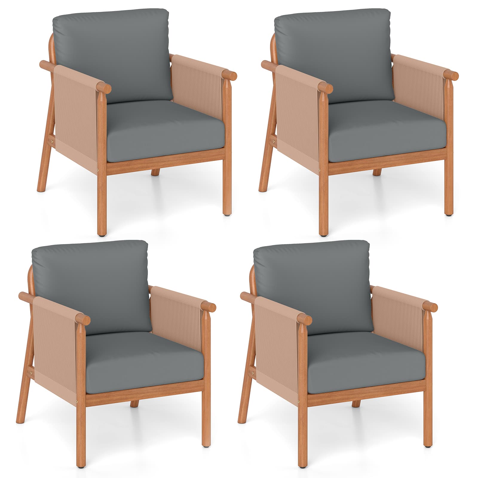 Gymax - 4PCS Patio Acacia Wood Chair w/ Woven Rope Armrests & Seat Back Cushions - Gray