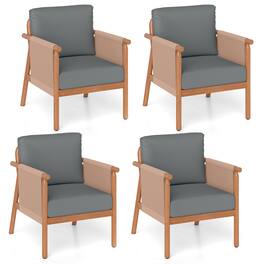 Gymax - 4PCS Patio Acacia Wood Chair w/ Woven Rope Armrests & Seat Back Cushions - Gray