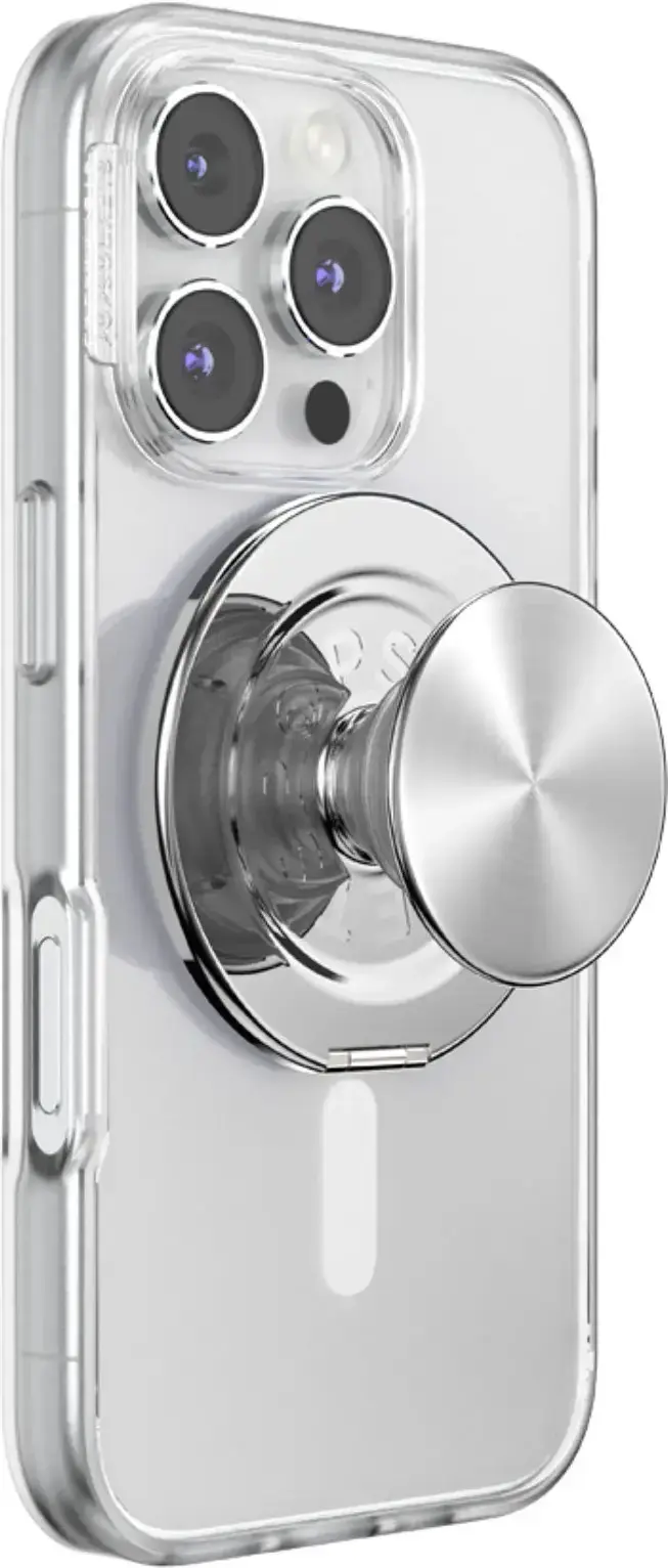 Alt View 2. PopSockets - MagSafe Round Kick-Out PopGrip Cell Phone Grip & Stand, with Adapter Ring for Mobile Phones - Alum-Radial Silver.