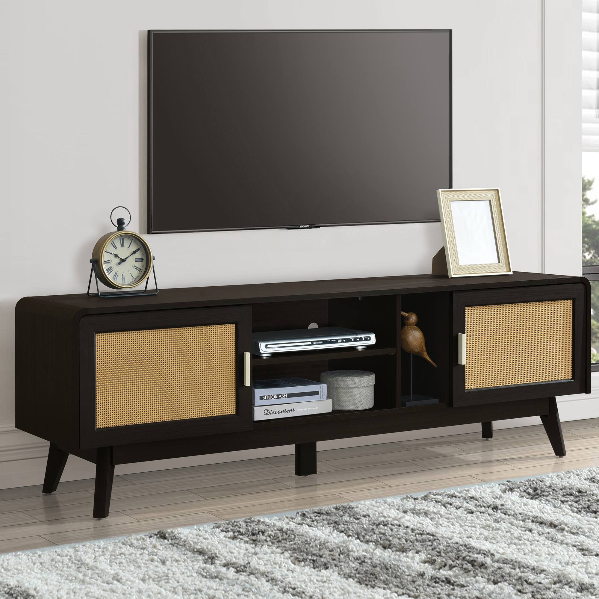 Alt View 1. Spaco - Spaco 63" Rattan TV Stand for 65" TVs, 2 Storage Cabinets with Solid Wood Legs, Media Console for Living Room - Dark Brown.