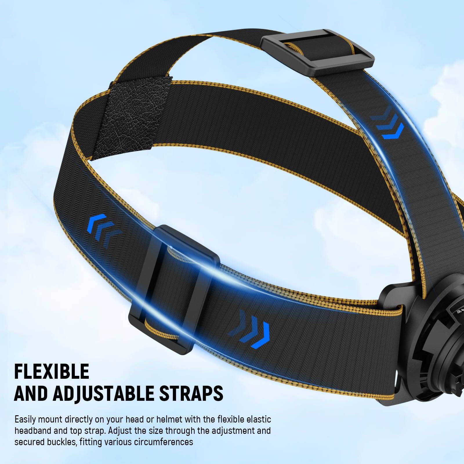 FLEXIBLE AND ADJUSTABLE STRAPS

Easily mount directly on your head or helmet with the flexible elastic headband and top strap. Adjust the size through the adjustment and secured buckles, fitting various circumferences.