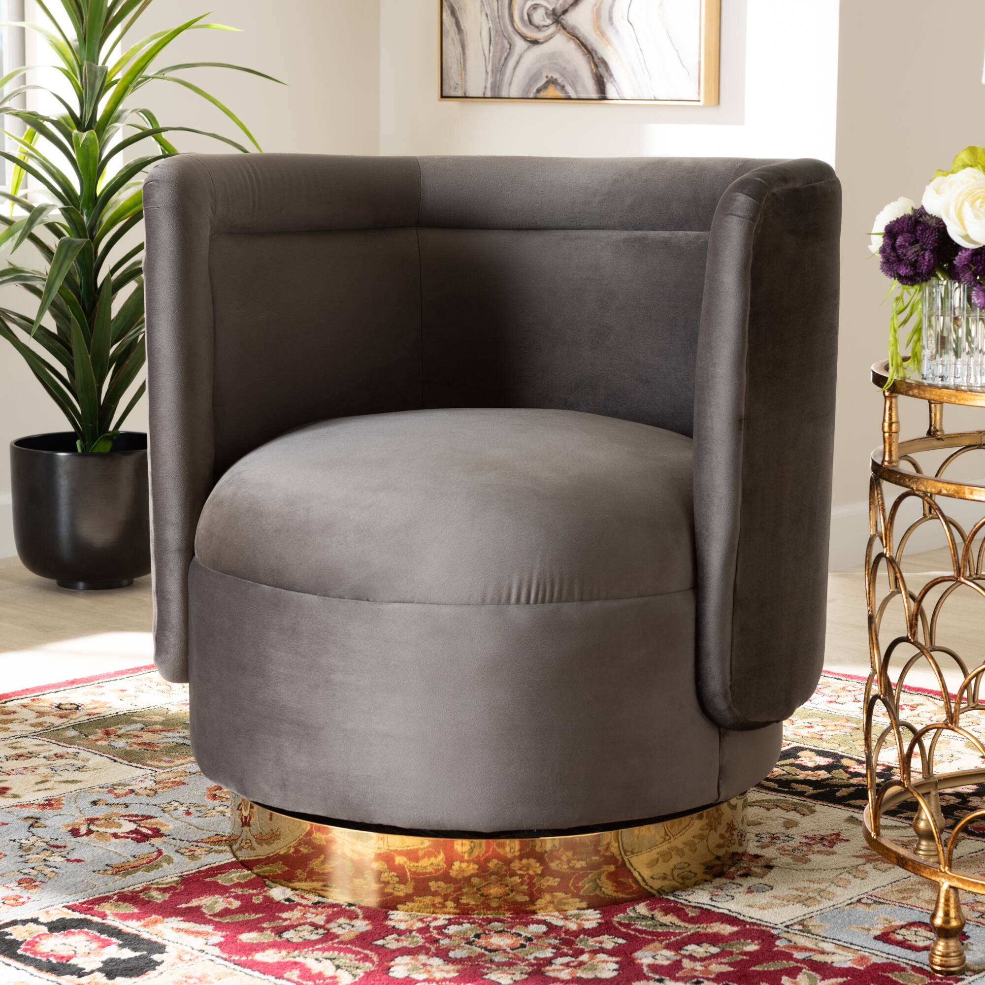 Alt View 2. Baxton Studio - Saffi Glam and Luxe Velvet Fabric Upholstered Gold Finished Swivel Accent Chair - Grey/Gold.