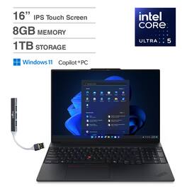 Lenovo - ThinkPad E16 Laptop 16'' Touchscreen (Intel Ultra 5-225U, 8GB DDR5, 1TB SSD, Win 11 Home) w/DKZ USB Hub - Black