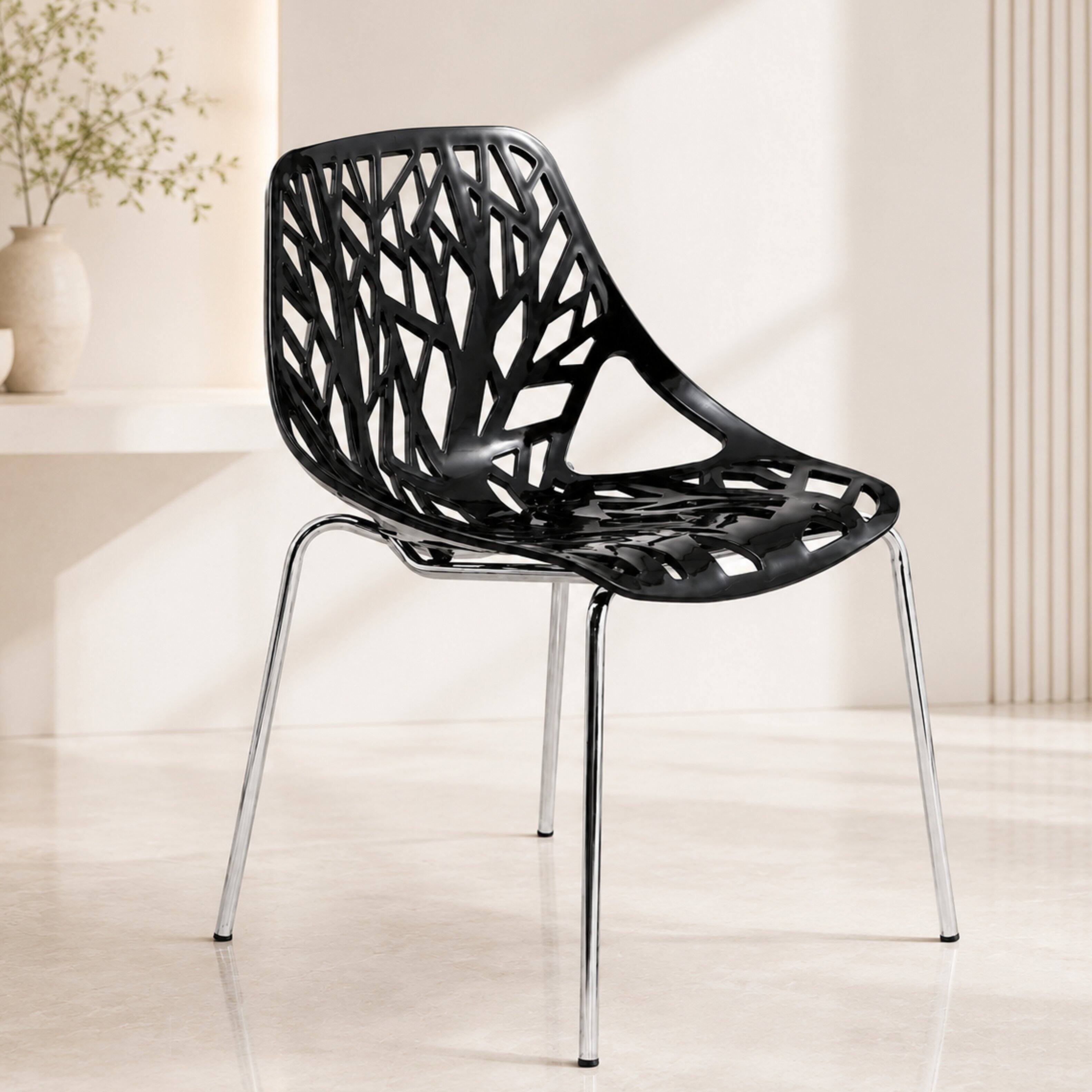 Left. LeisureMod - Asbury Set of 4 Stackable Dining Side Chair with Accent Chrome Steel Legs and Cut Out Design for Indoor Outdoor - Black.