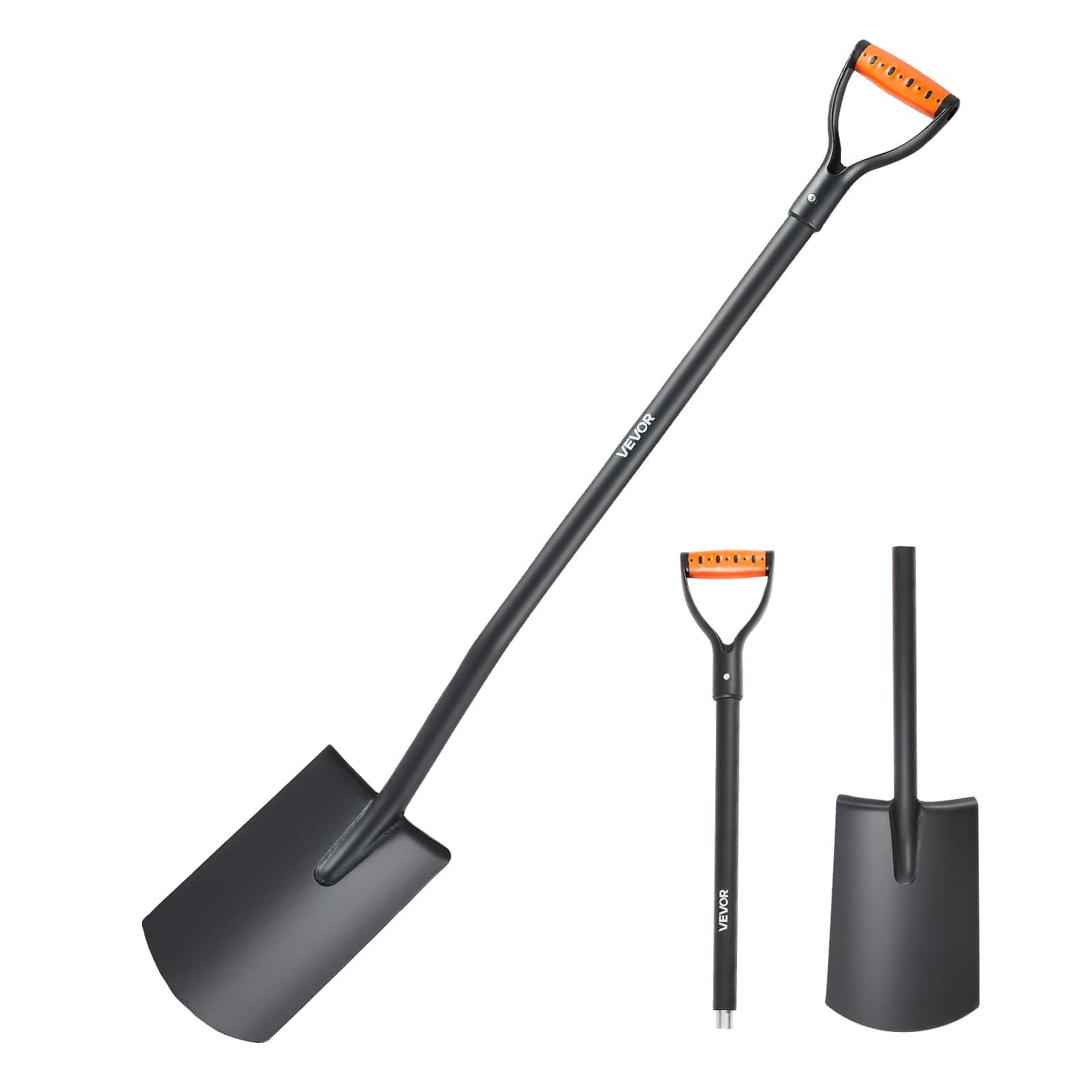 VEVOR - Square Shovel, 48 in Heavy-Duty Flat Shovel, Transfer Shovels with Alloy Steel Blade and Non-Slip D-Handle, Detachable - Black, orange