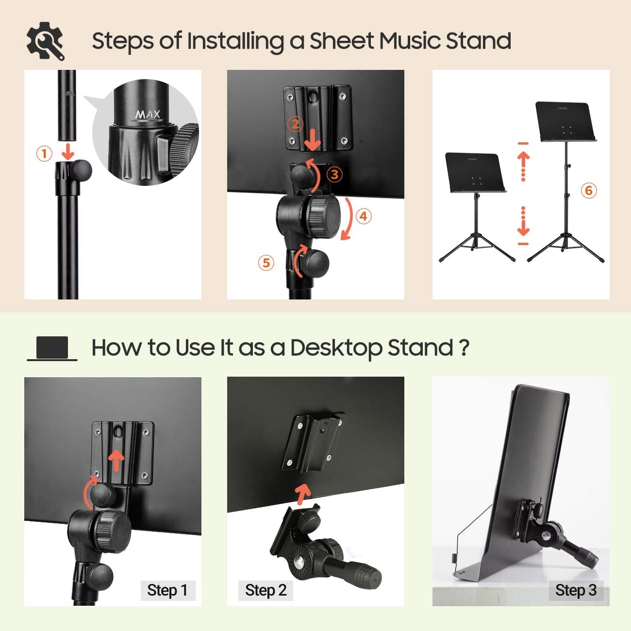 Steps of Installing a Sheet Music Stand

1. MAX
2. 
3. 
4. 
5. 
6. 

How to Use It as a Desktop Stand?

Step 1
Step 2
Step 3