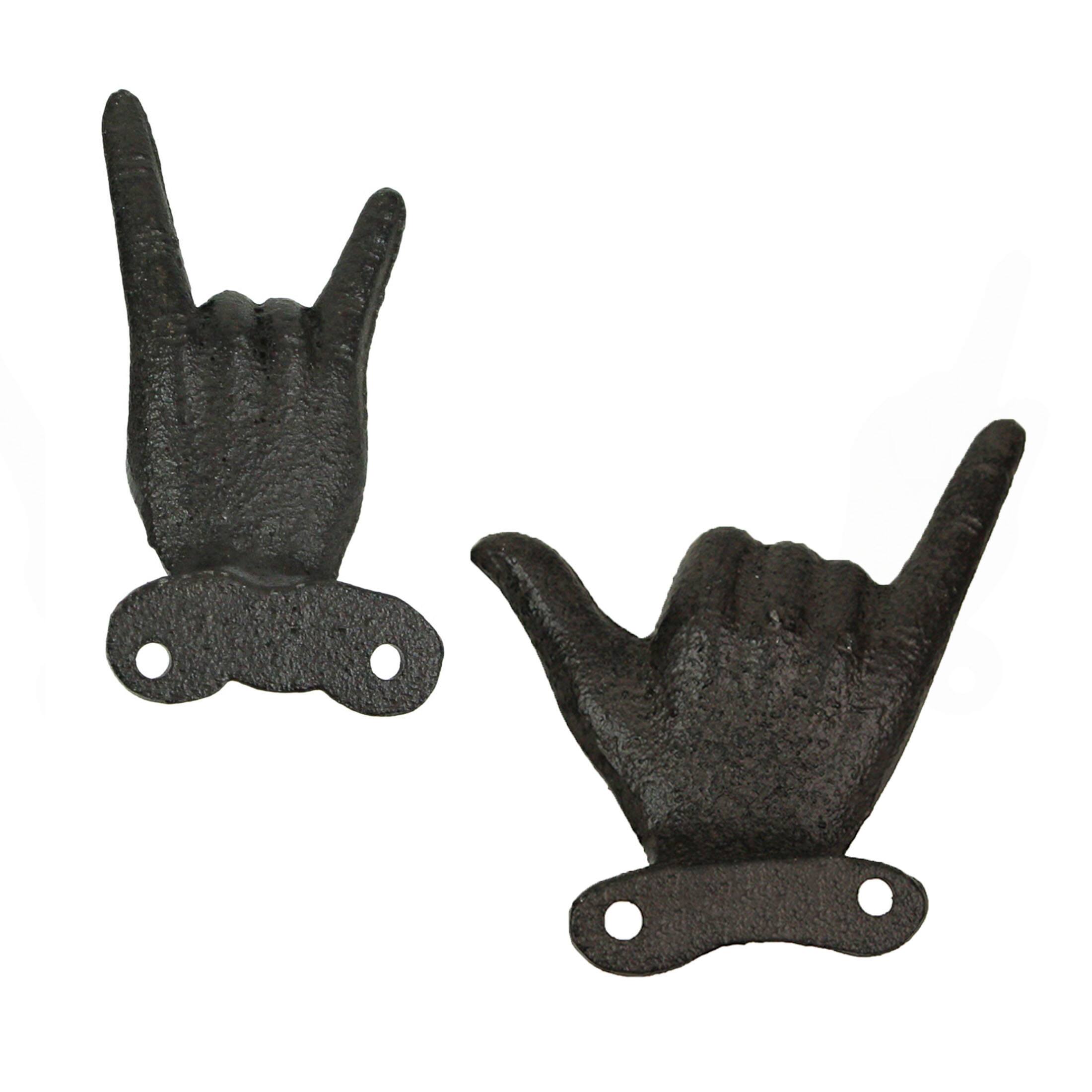 Alt View 2. Zeckos - Set of 6 Hand Gesture Hooks - Peace, Rock, ASL - Rustic Finish - Black.