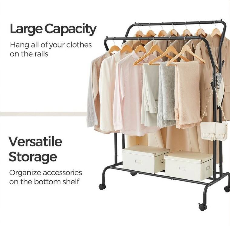 Large Capacity  
Hang all of your clothes on the rails  

Versatile Storage  
Organize accessories on the bottom shelf