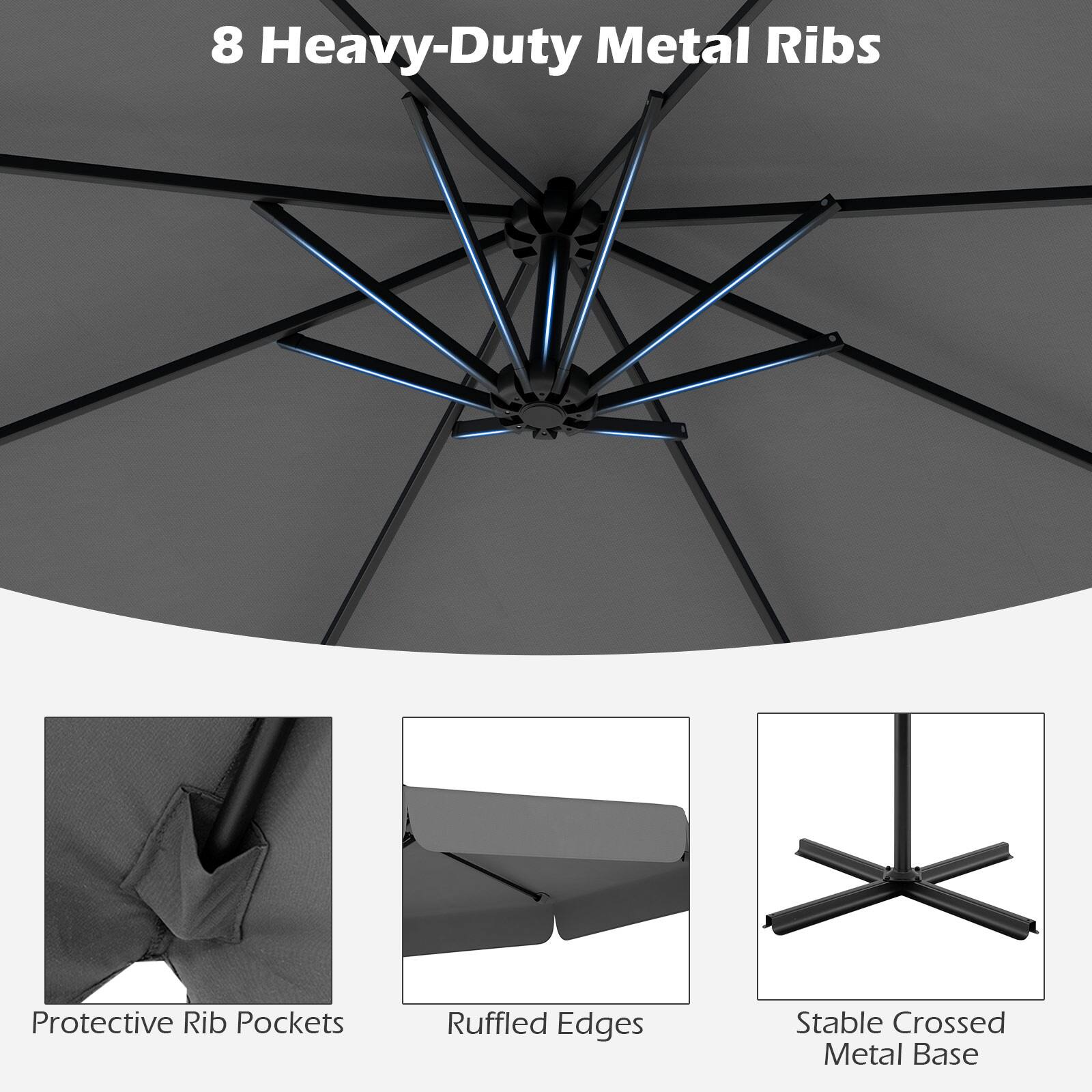 8 Heavy-Duty Metal Ribs Protective Rib Pockets Ruffled Edges Stable Crossed Metal Base