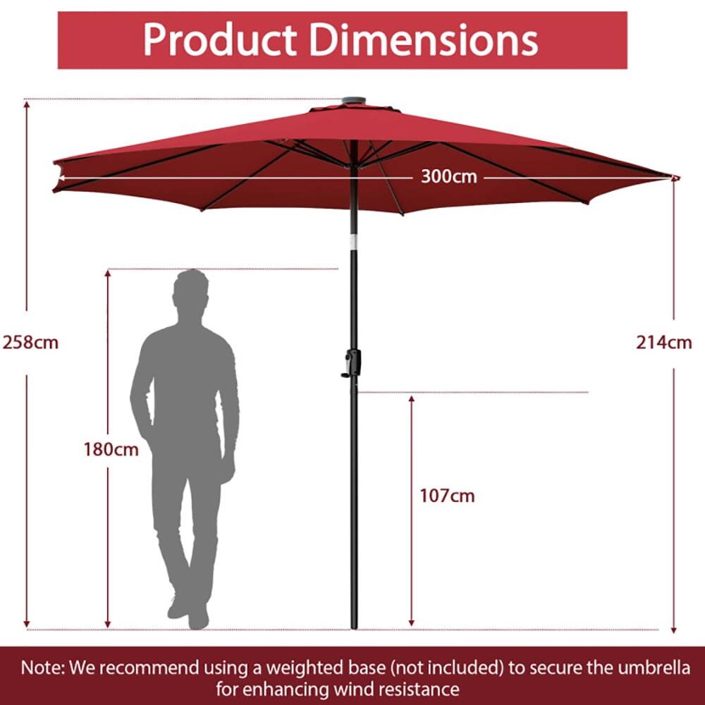Product Dimensions  
300cm x 258cm x 214cm x 180cm x 107cm  

Note: We recommend using a weighted base (not included) to secure the umbrella for enhancing wind resistance.