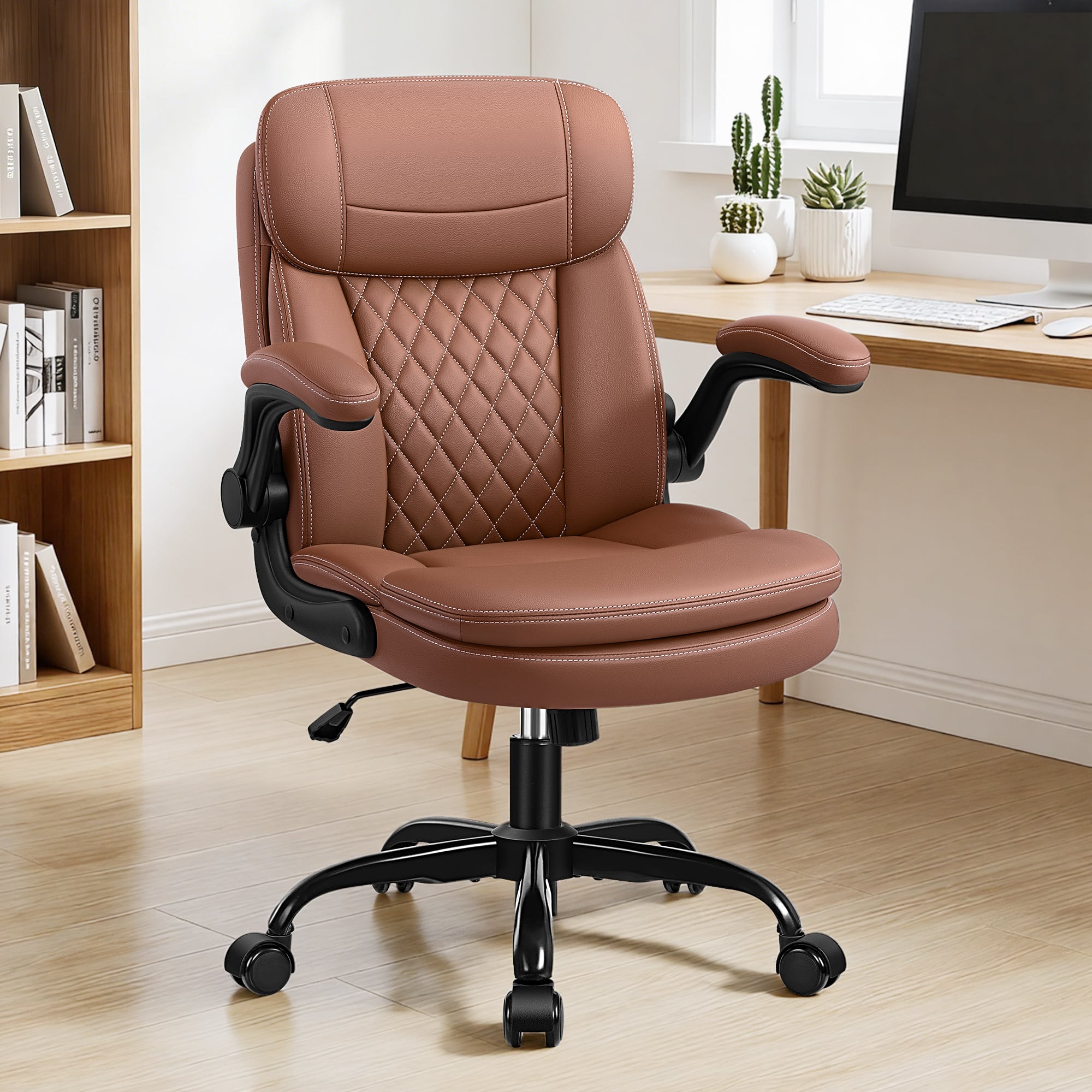 Brick Attic - Ergonomic Leather Office Chair with Adjustable Armrests,PU Computer Desk Chair with Double-Layer Seat Cushion - Brown