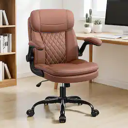 Brick Attic - Ergonomic Leather Office Chair with Adjustable Armrests,PU Computer Desk Chair with Double-Layer Seat Cushion - Brown