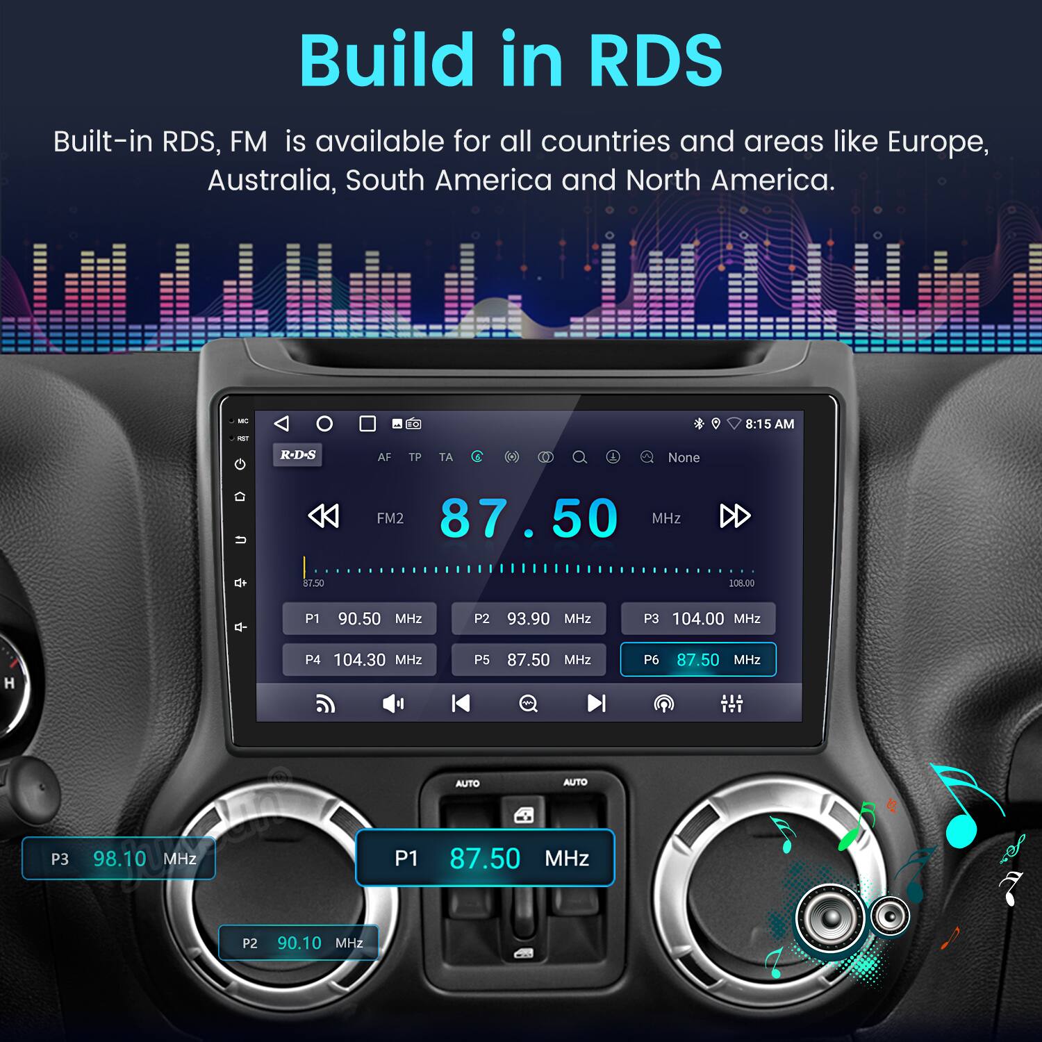 Build in RDS

Built-in RDS, FM is available for all countries and areas like Europe, Australia, South America and North America.