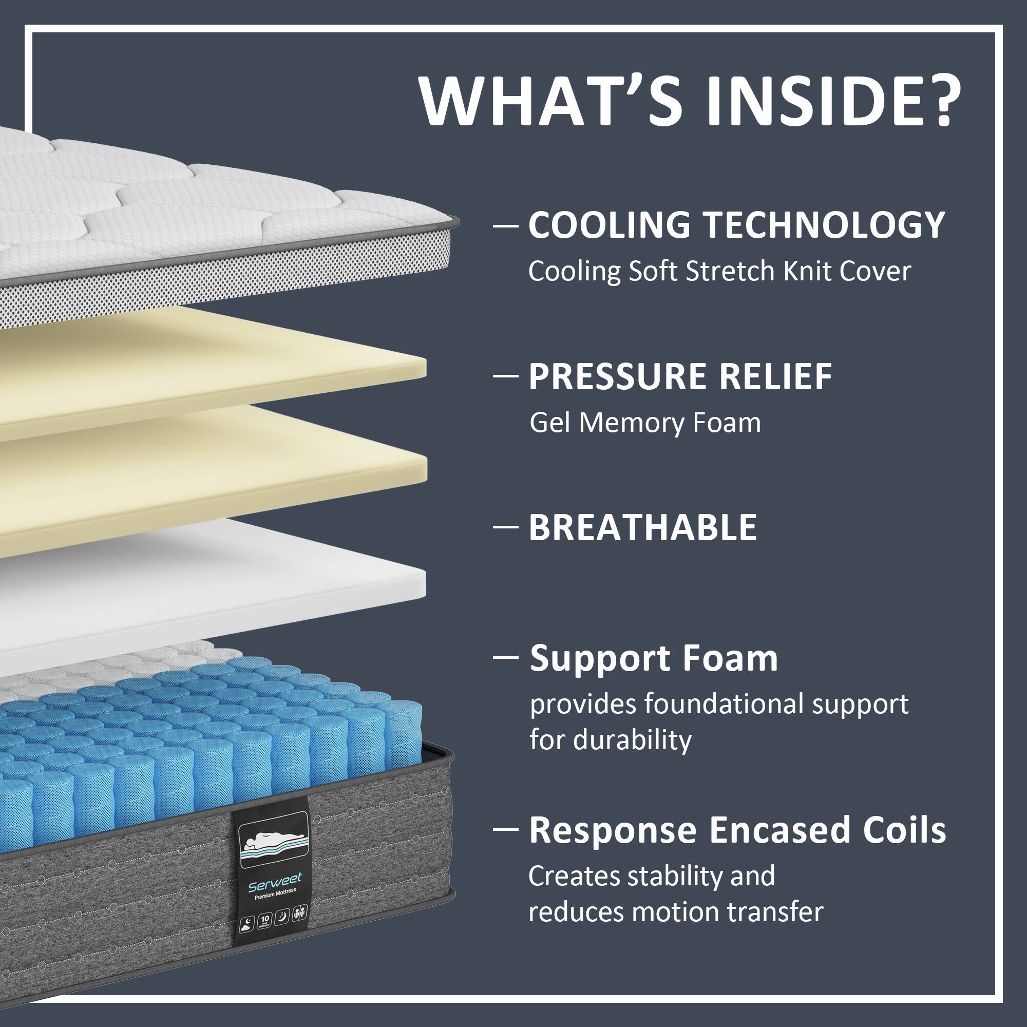 **WHAT'S INSIDE?**

- **COOLING TECHNOLOGY**
  - Cooling Soft Stretch Knit Cover

- **PRESSURE RELIEF**
  - Gel Memory Foam

- **BREATHABLE**
  - Foam

- **Support Foam**
  - Provides foundational support for durability

- **Response Encased Coils**
  - Creates stability and reduces motion transfer