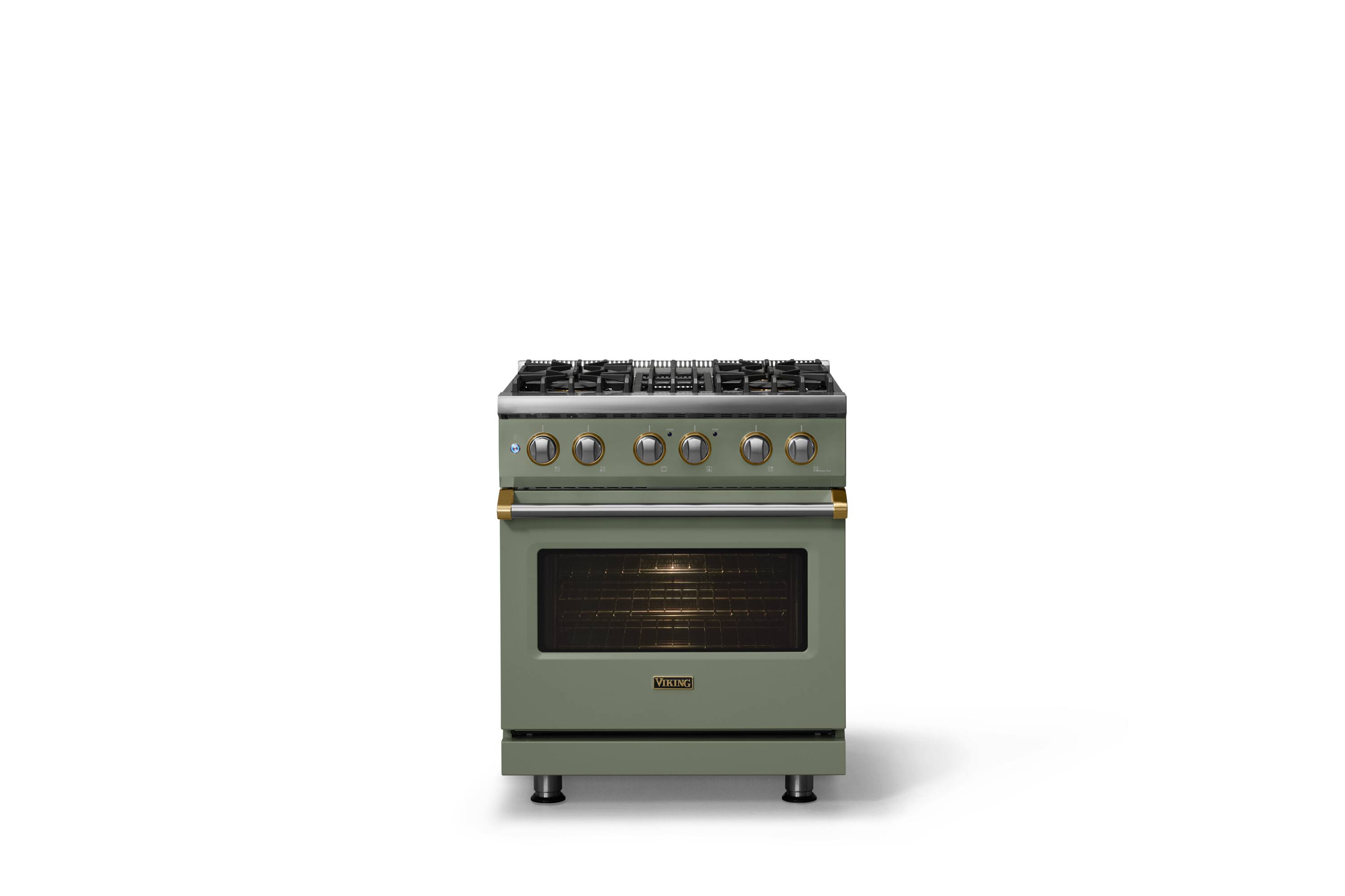 Alt View 1. Viking - 30"W. 4 Burner Pro5S 4.7 Cu. Ft. Freestanding Sealed Dual Fuel Convection Range-Eucalyptus/Brushed Brass - Eucalyptus.