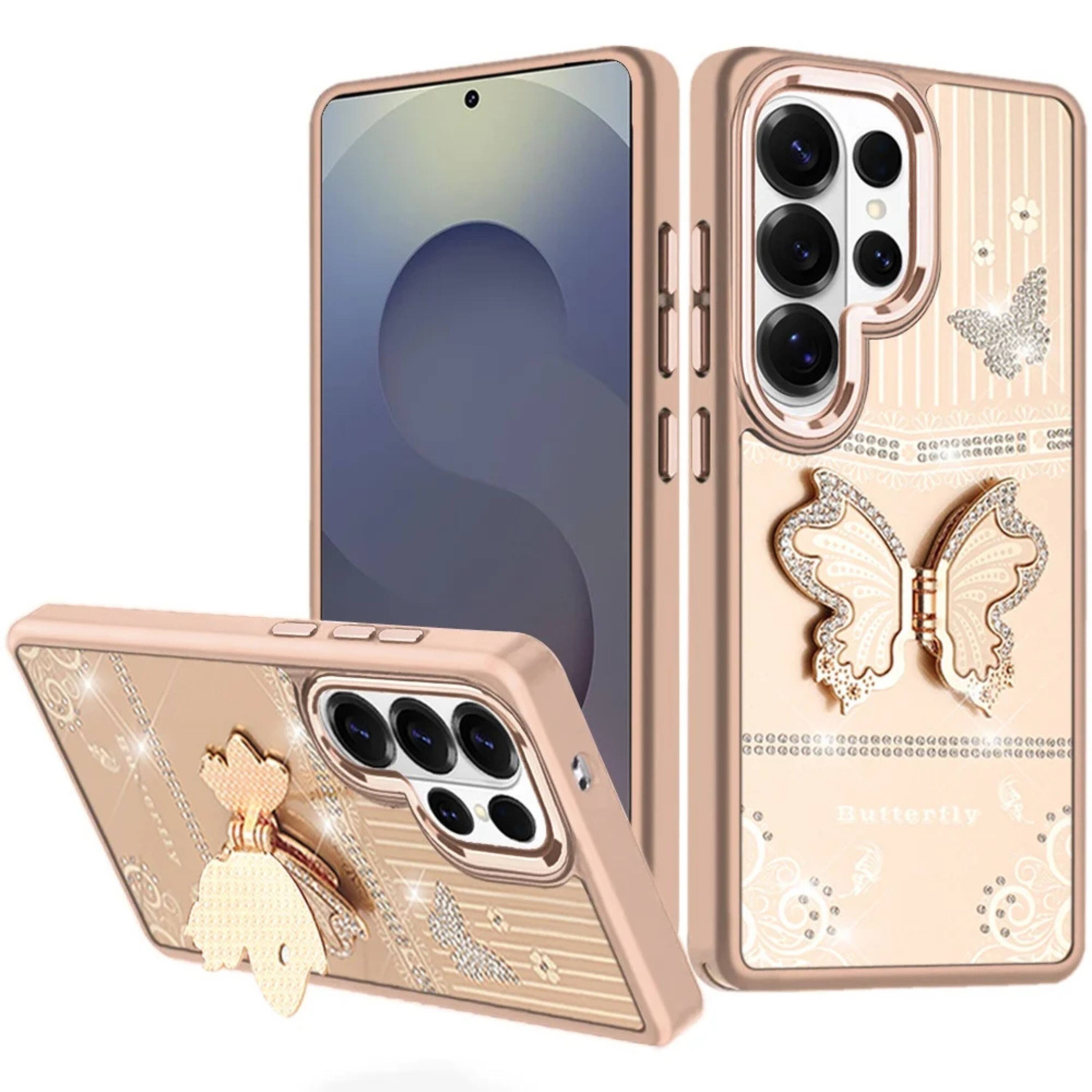 Front. Kitcheniva - Glamorous 3D Butterfly Bling Charm Stand Case With Tempered Glass For Samsung S25 Ultra Gold - Gold.