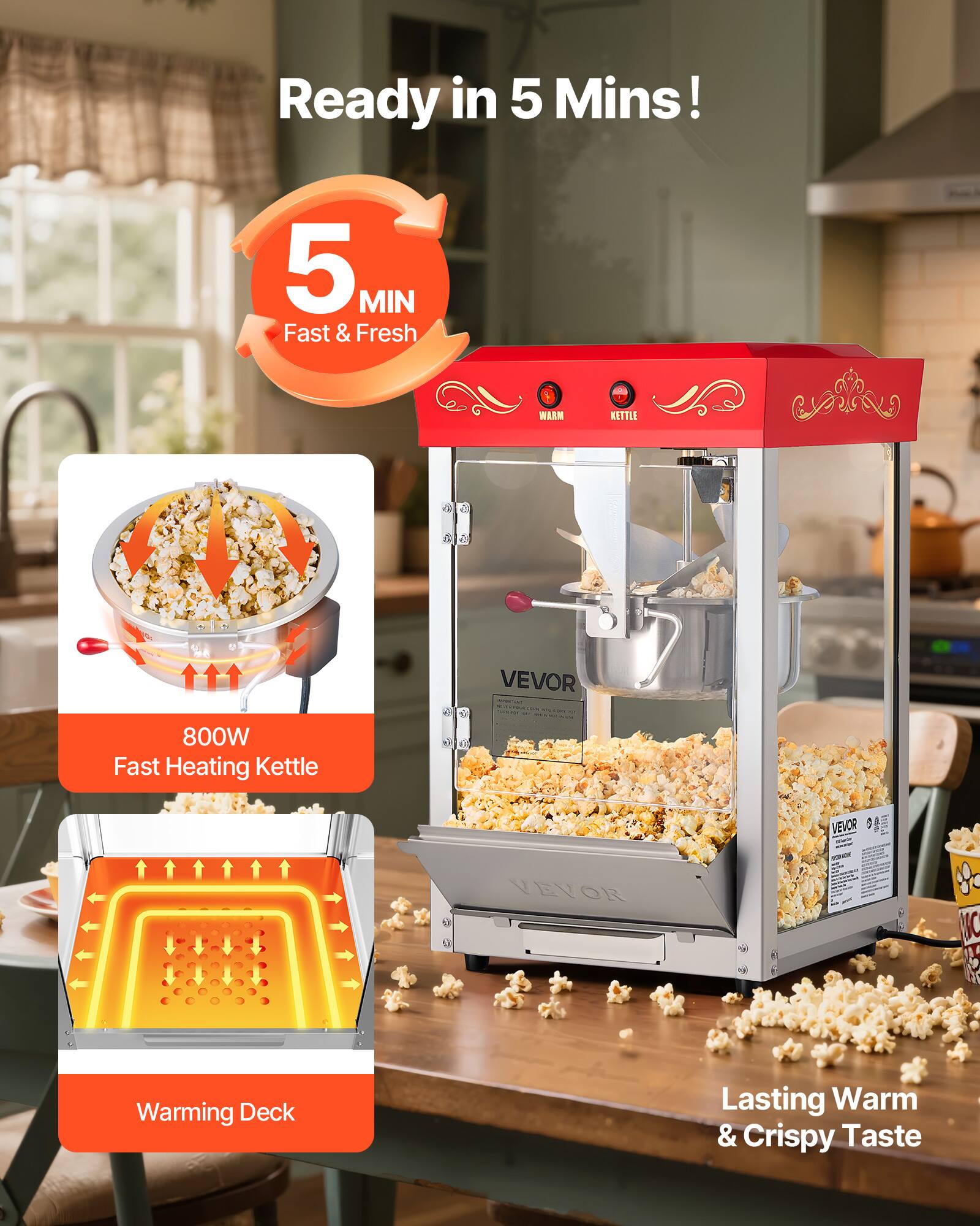 Ready in 5 Mins!

5 MIN Fast & Fresh

800W Fast Heating Kettle

WARM KETTLE

VEVOR

Warming Deck

Lasting Warm & Crispy Taste
