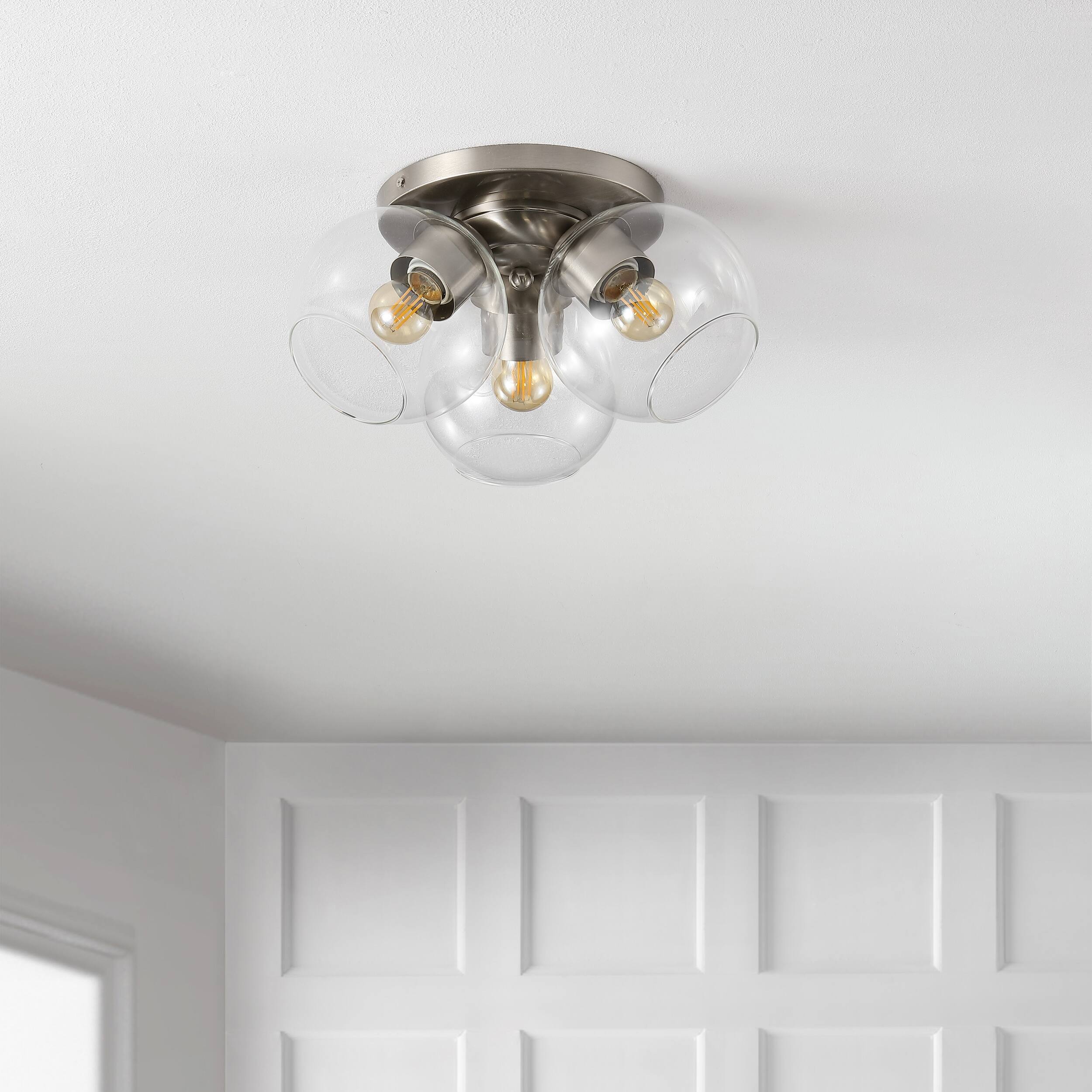 Alt View 5. Jonathan Y - Iris 11.5" 3-Light Farmhouse Rustic Iron/Glass LED Semi Flush Mount, Nickel/Clear - Nickel.