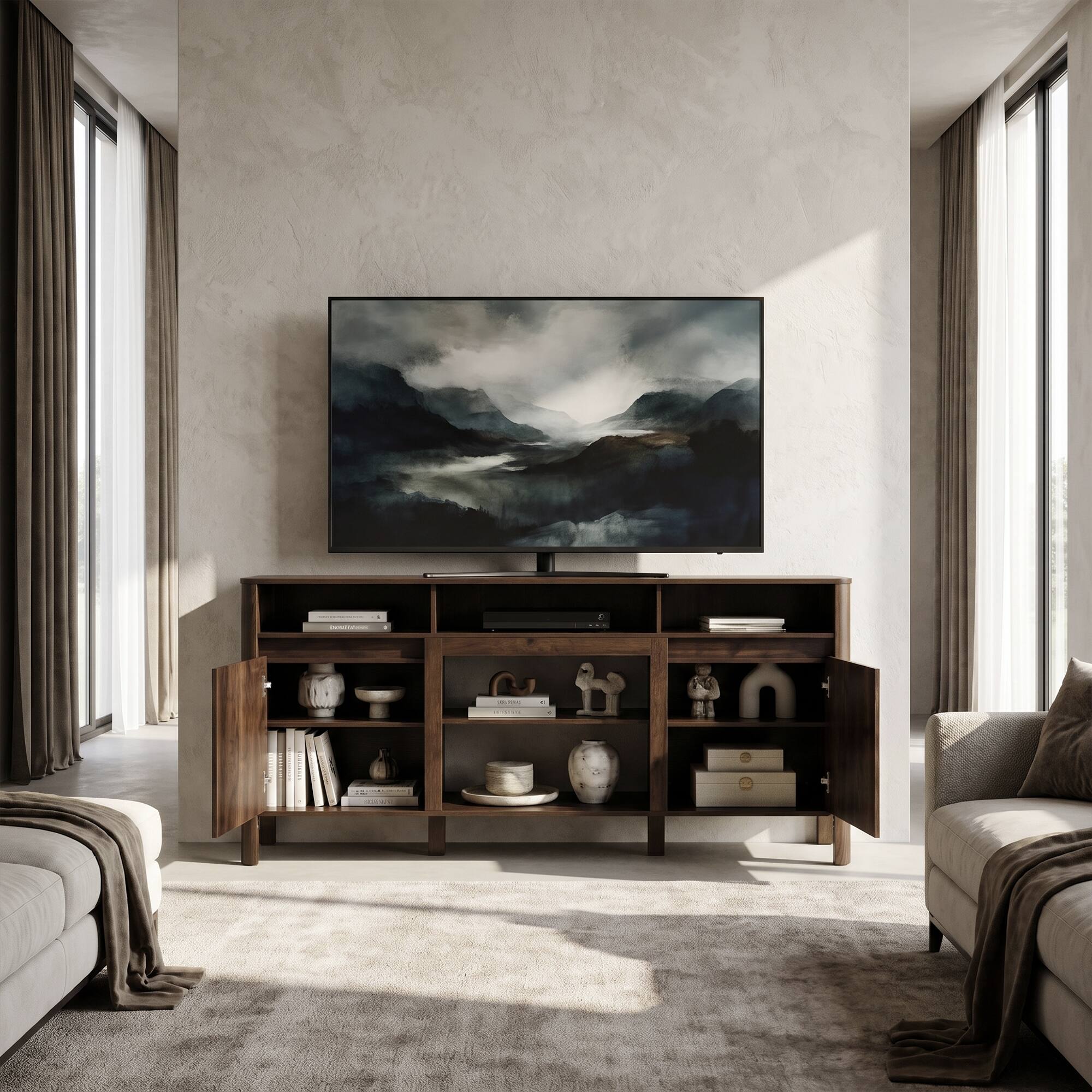 Back. Ihomeadore - 68" Modern Minimalist Fluted TV Stand Entertainment Center with Open Storage Shelves for TVs up to 75" - Dark brown.