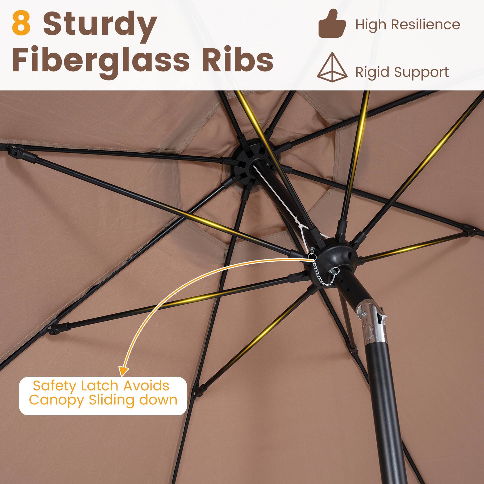 8 Sturdy Fiberglass Ribs  
High Resilience  
Rigid Support  
Safety Latch Avoids Canopy Sliding down