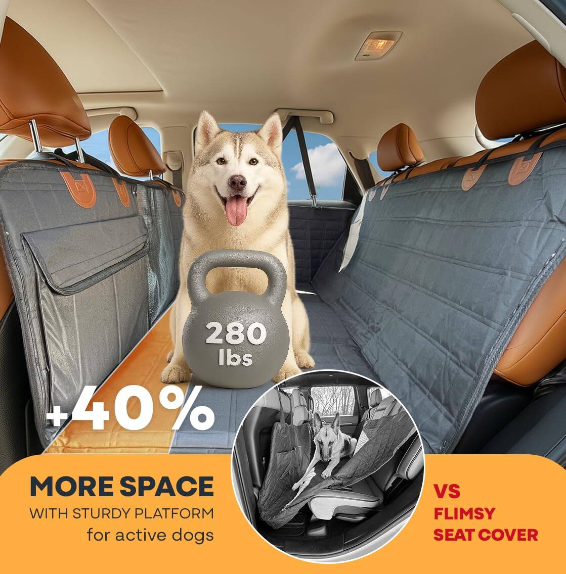 280 lbs  
+40% MORE SPACE WITH STURDY PLATFORM for active dogs  
VS FLIMSY SEAT COVER
